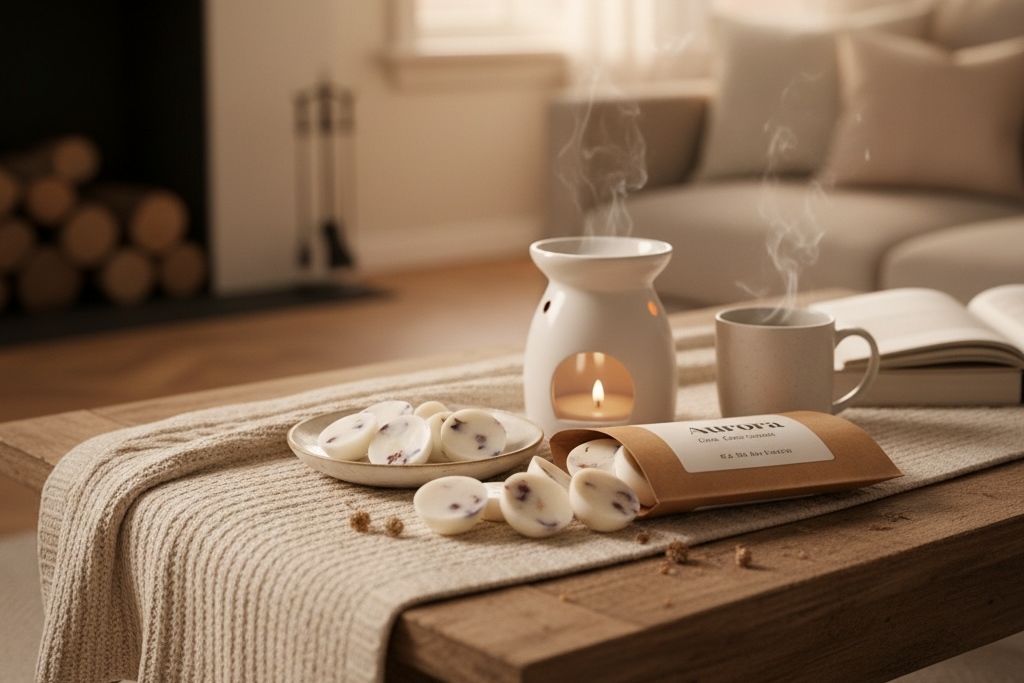 Handgjort doftvax och doftpraliner från Moony Flames i Småland, Sverige. Veganska wax melts i aromalampa på rustikt träbord i varm och skandinavisk hemmiljö.
