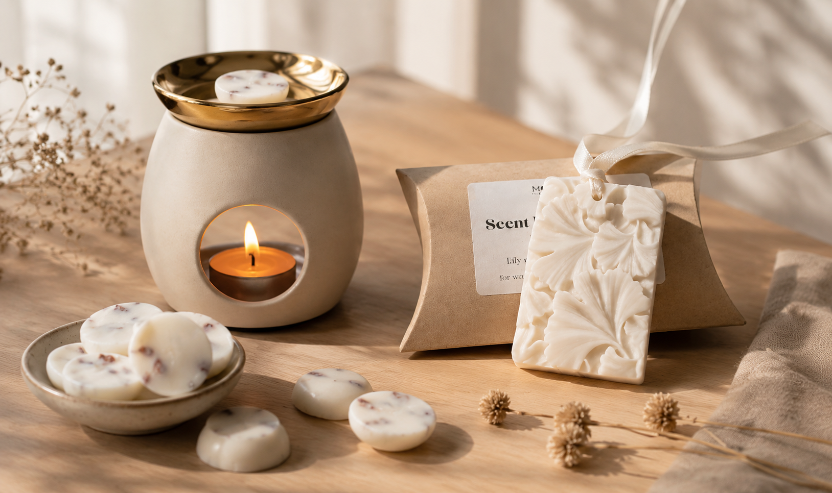 Handgjort doftvax och dofthängare från Moony Flames i Småland. Doftpraliner för aromalampa tillsammans med dekorativ dofthängare i en varm och skandinavisk hemmiljö.