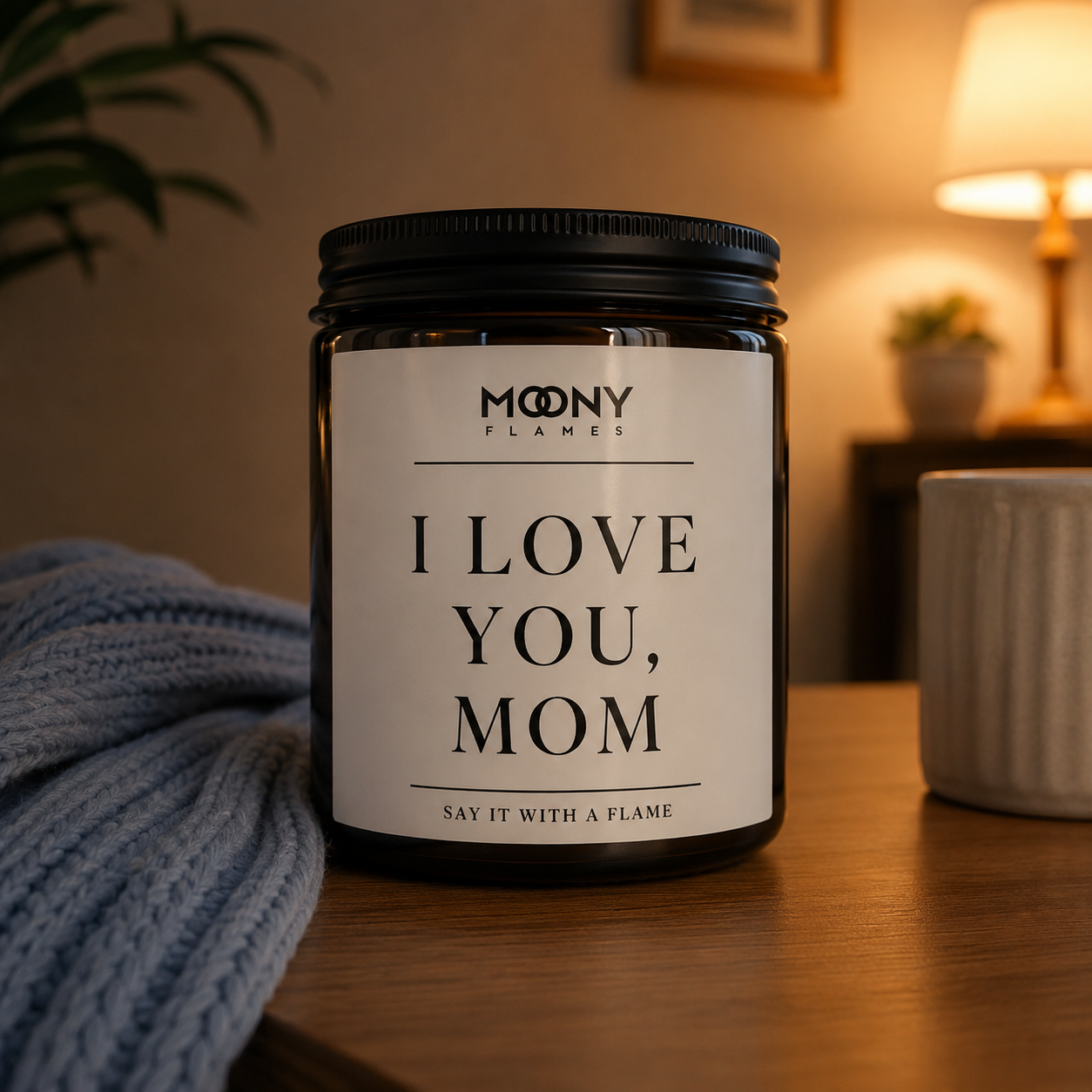 Personalised scented candle for mom with custom message. Handmade soy candle gift from Moony Flames, crafted in Småland, Sweden. Perfect for Mother's Day, birthdays and meaningful gifts.