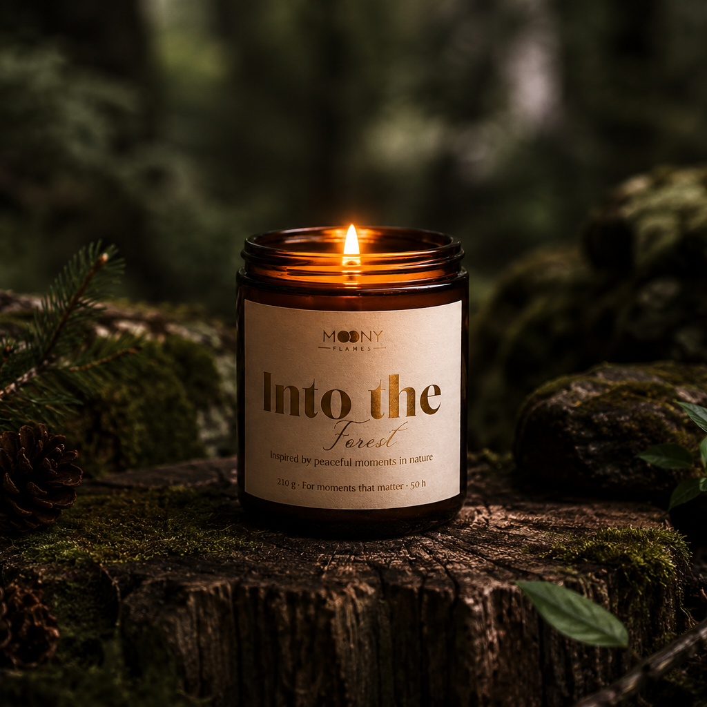Handgjort svenskt doftljus med skogsdoft i amberglas. Into the Forest från Moony Flames fotograferat på en mossig trästubbe i svensk skogsmiljö.