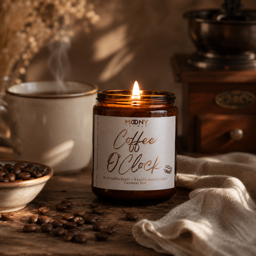 Coffee O’Clock doftljus från Moony Flames med doft av kaffe, vanilj och karamell. Handgjort sojavaxljus från Småland i Sverige, fotograferat med kaffebönor och varm kaffekopp.