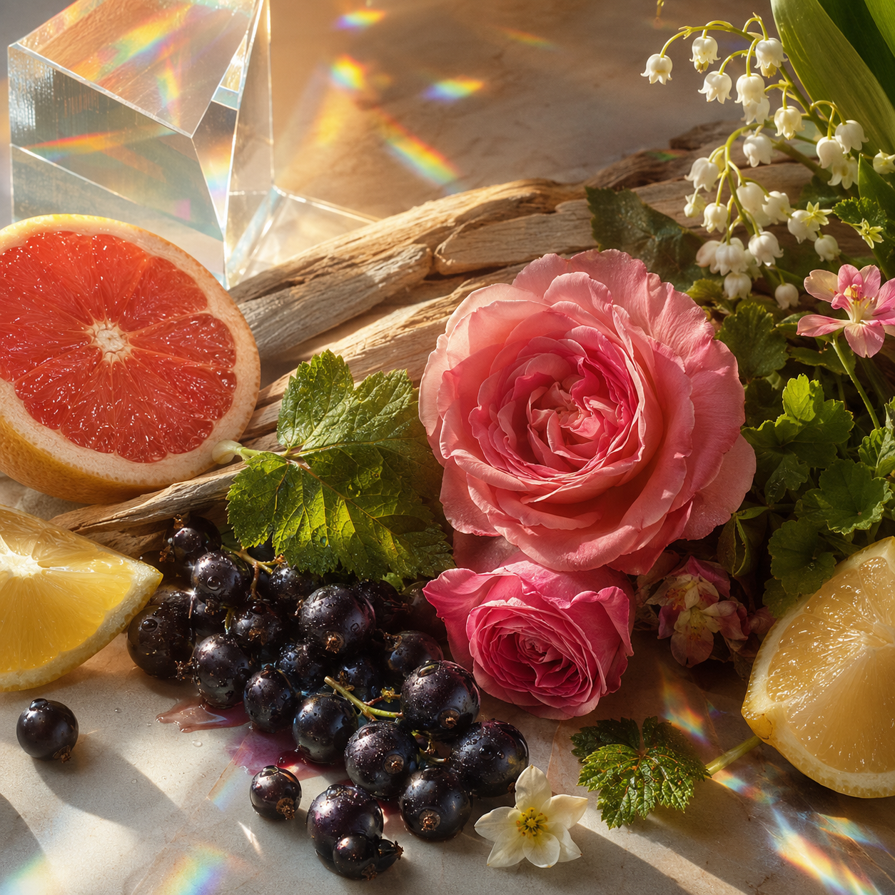 Svarta vinbär, grapefrukt och rosor i ett färgstarkt skimmer som illustrerar den friska och blommiga doften i det handgjorda och giftfria doftljuset Made to Shine från Moony Flames.