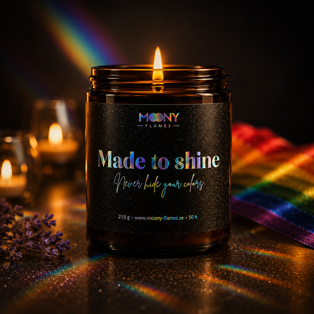 Made to Shine Pride candle by Moony Flames, a handmade vegan scented candle in amber glass with holographic rainbow label, handcrafted in Sweden. 🌈🕯️✨