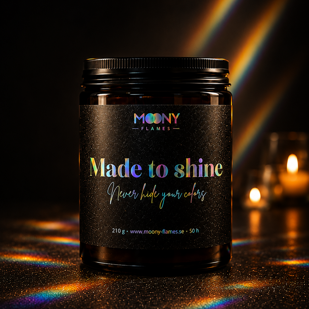 Made to Shine Pride candle by Moony Flames, a handmade vegan scented candle with sandalwood, amber and vanilla, crafted in Sweden and inspired by courage, freedom and self-expression. 🌈✨
