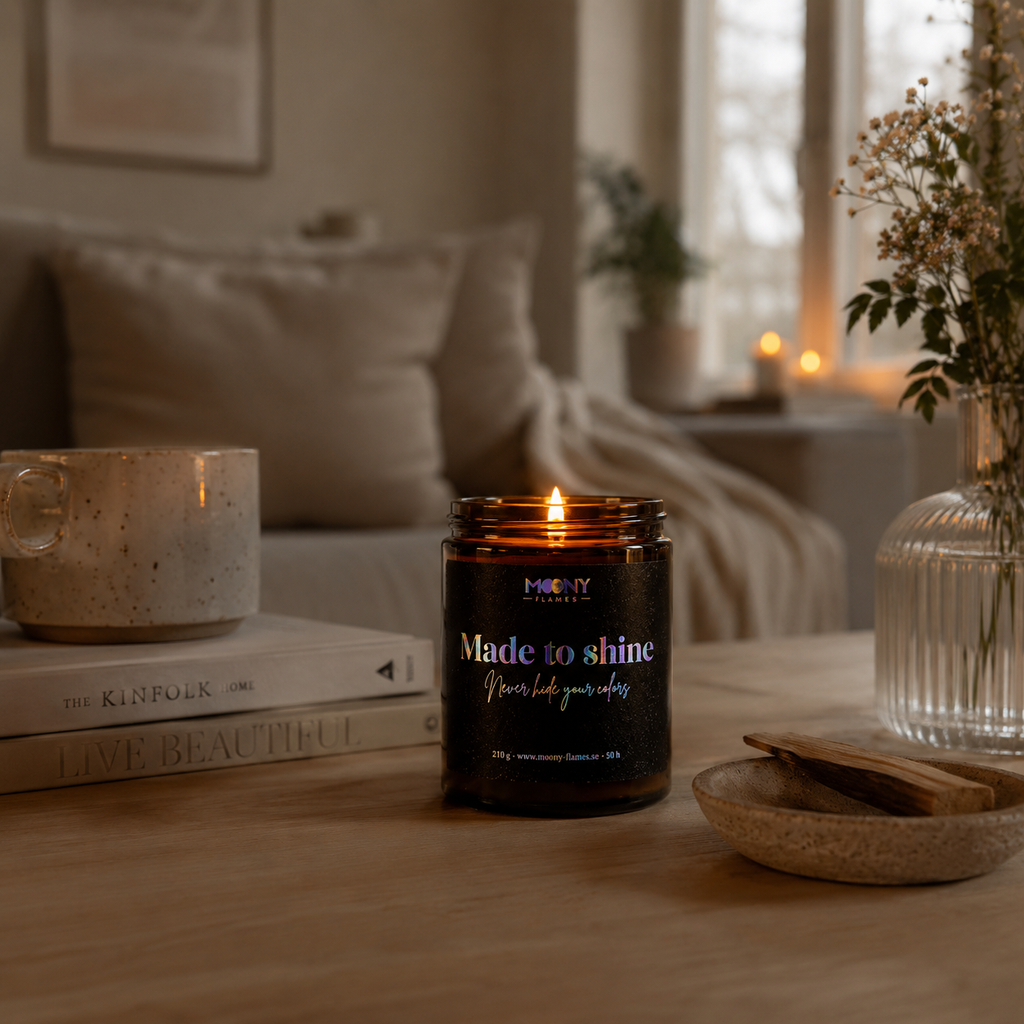Made to Shine Pride candle by Moony Flames in a Scandinavian home interior. Handmade vegan scented candle crafted in Sweden and inspired by courage, freedom and self-expression.