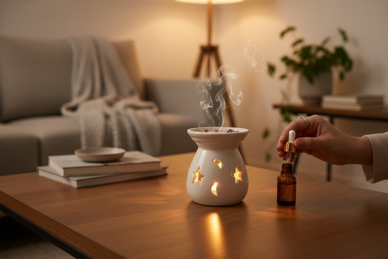 Keramisk aromalampa med stjärnformade utskärningar där doftolja droppas i, placerad på soffbord i vardagsrum