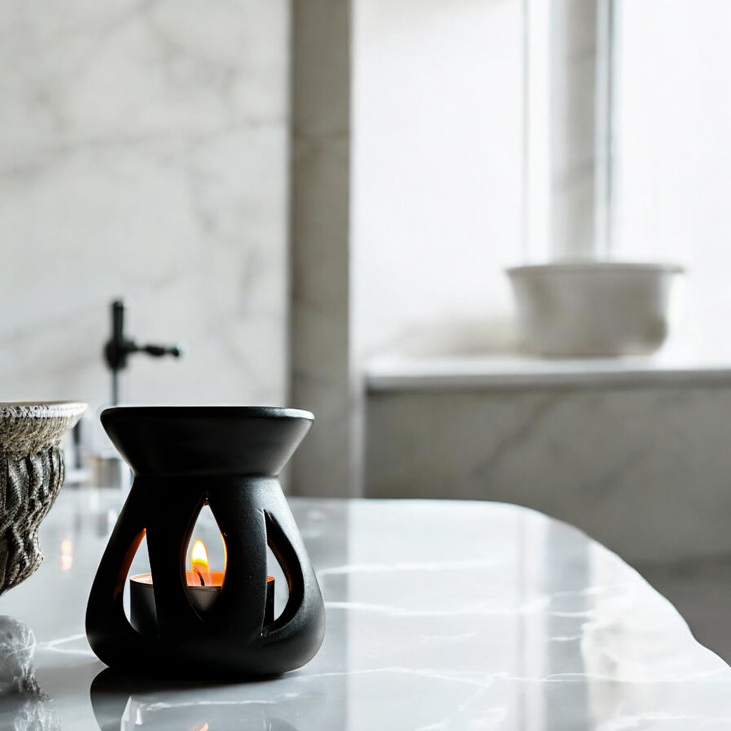 Black Lotus aromalampa i svart keramik – liten doftlampa för doftvax och eteriska oljor som sprider ett mjukt ljus och behaglig doft och som står i ett badrum på en marmorbänk och ett fönster i bakgrunden.