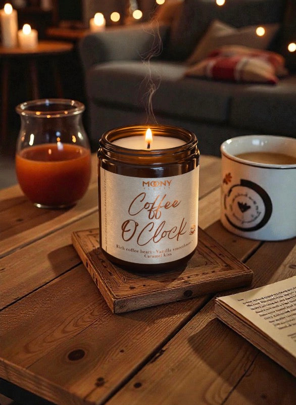 Tänt doftljus Coffee O’Clock från Moony Flames placerat på träbord i varm hemmamiljö, med kaffekopp, bok och mjuk belysning i bakgrunden.