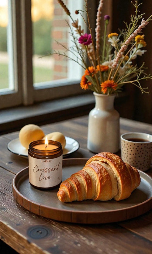 Tänt doftljus Croissant Love från Moony Flames placerat på träbord tillsammans med färsk croissant, kaffekopp och blommor i varm, lugn hemmiljö.