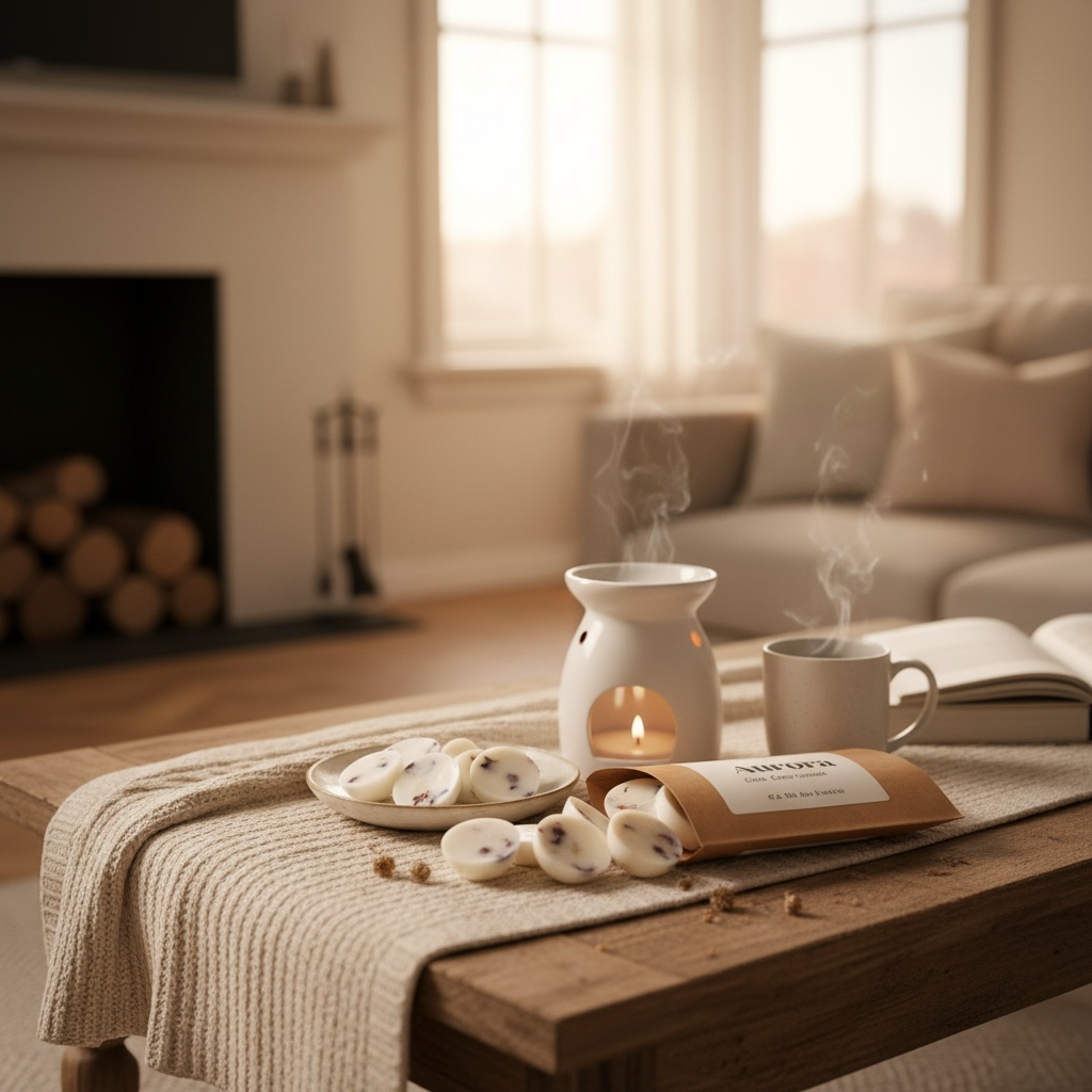 Doftpraliner från Moony Flames i en aromabrännare på soffbord i en varm och mysig hemmiljö med kaffe och levande ljus.