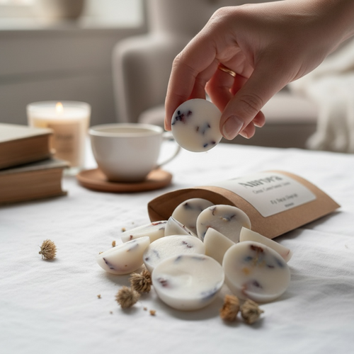 Hand som håller en doftpralin från Moony Flames över handgjorda sojavaxmelts i en varm och lugn hemmiljö.