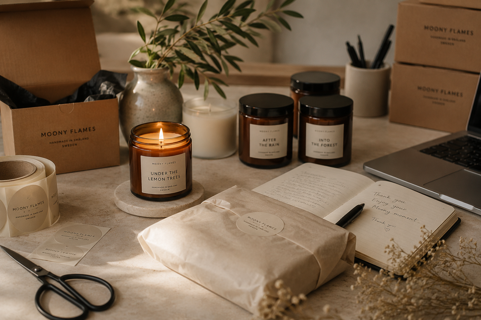 Handgjorda doftljus från Moony Flames packas med omsorg i studion i Småland. Bilden visar doftljus, presentinslagning, etiketter och hållbara förpackningsmaterial.