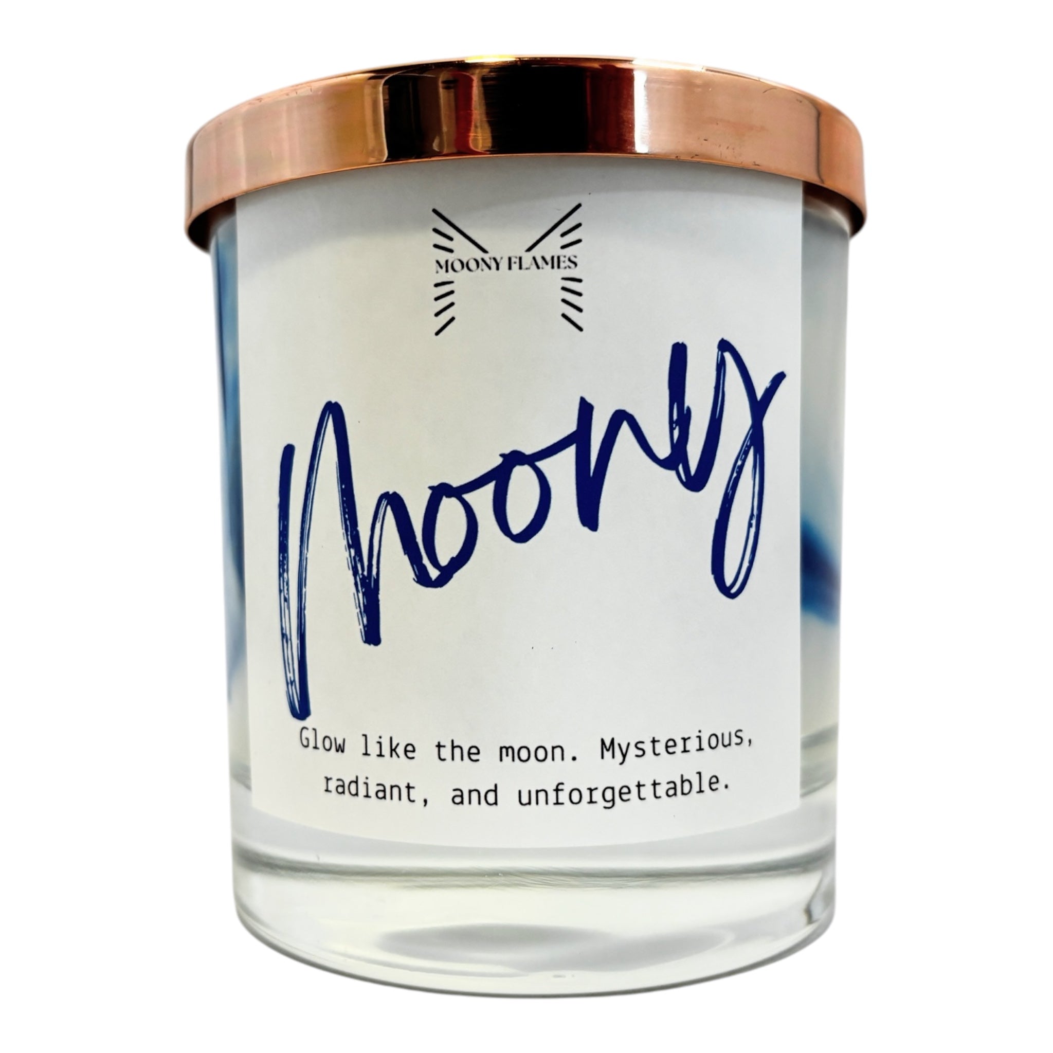 Moony - Moony Flames handgjort doftljus, marmorerat i unika färger, växtbaserat vax, veganskt ljus, miljövänligt doftljus, framsida.