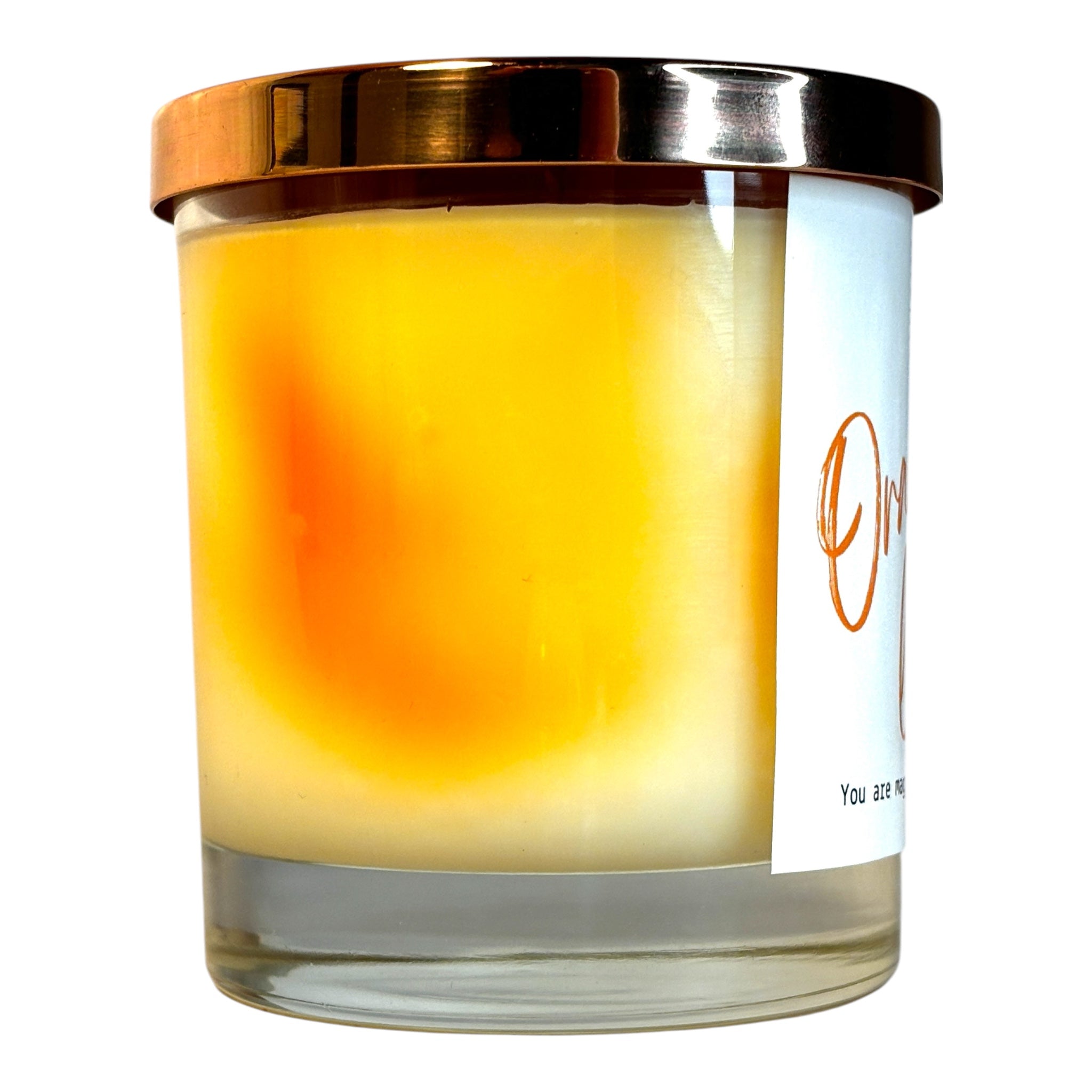 Orange-a-licious handgjort doftljus, marmorerad design med svenskt växtbaserat vax, veganskt och miljövänligt doftljus från Moony Flames, höger sida.