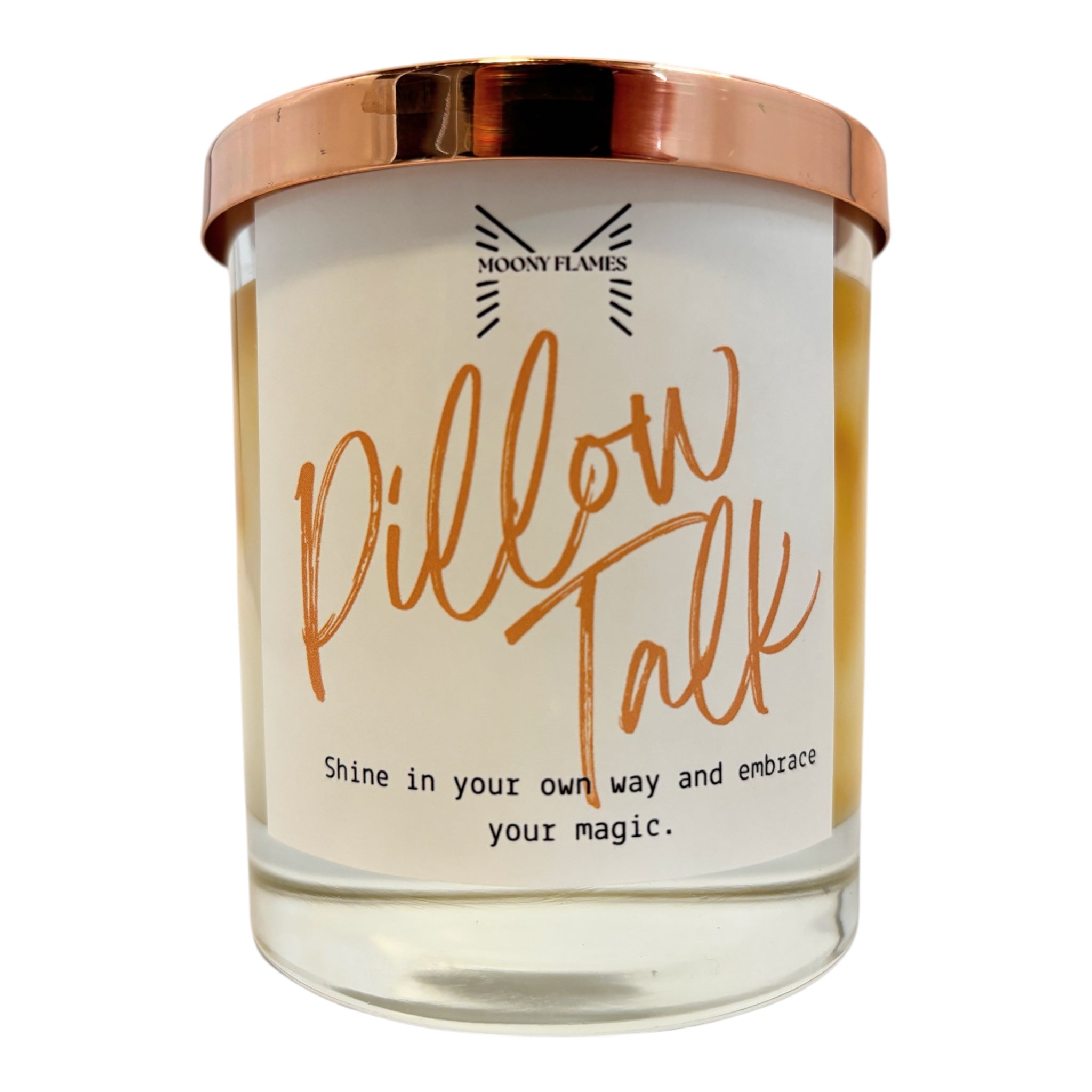 Pillow Talk handgjort doftljus, veganskt, svensktillverkat växtbaserat vax, marmorerat designljus, miljövänligt doftljus, unikt ljus från Moony Flames, framsida.