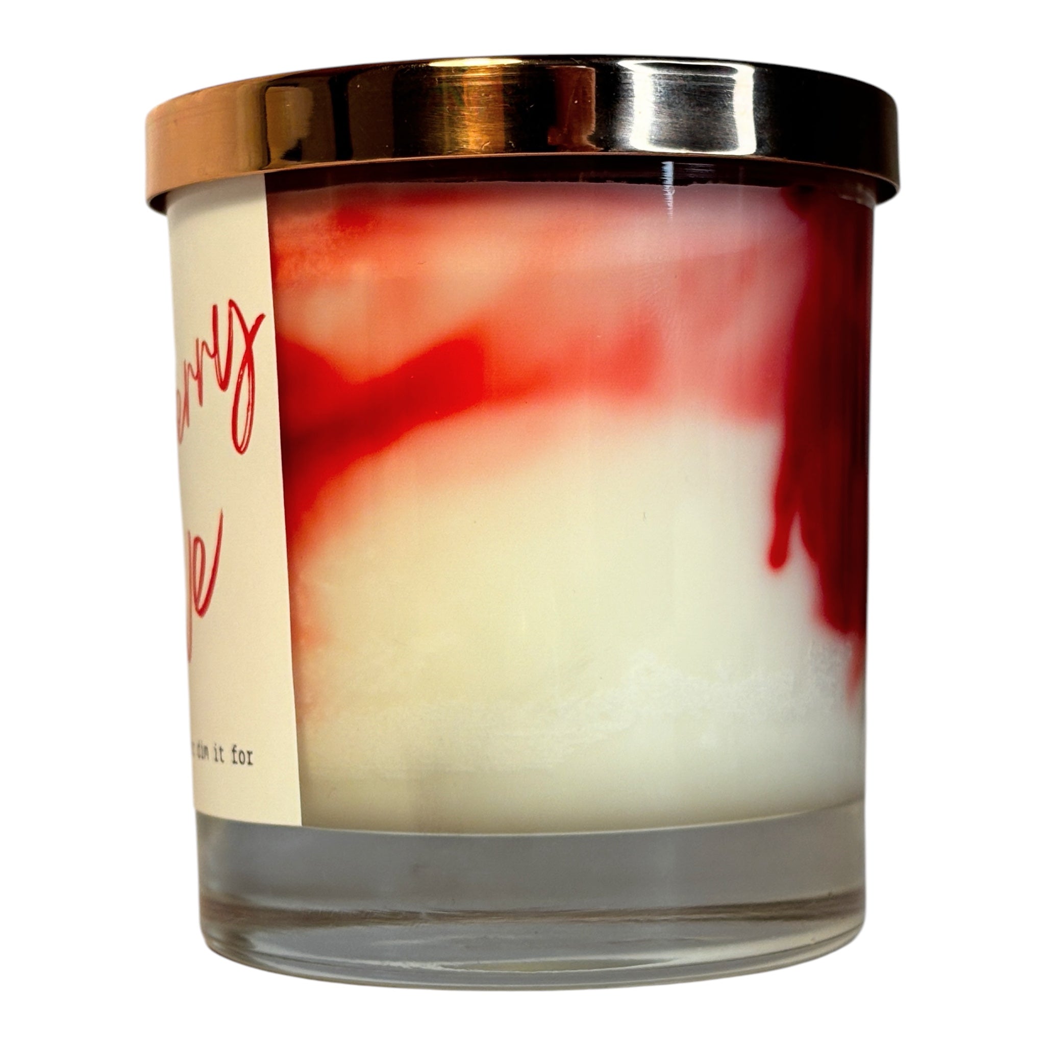 Strawberry Love handgjort doftljus, veganskt, marmorerat designljus med svenskt växtbaserat vax, miljövänligt och unikt doftljus från Moony Flames, vänster sida.