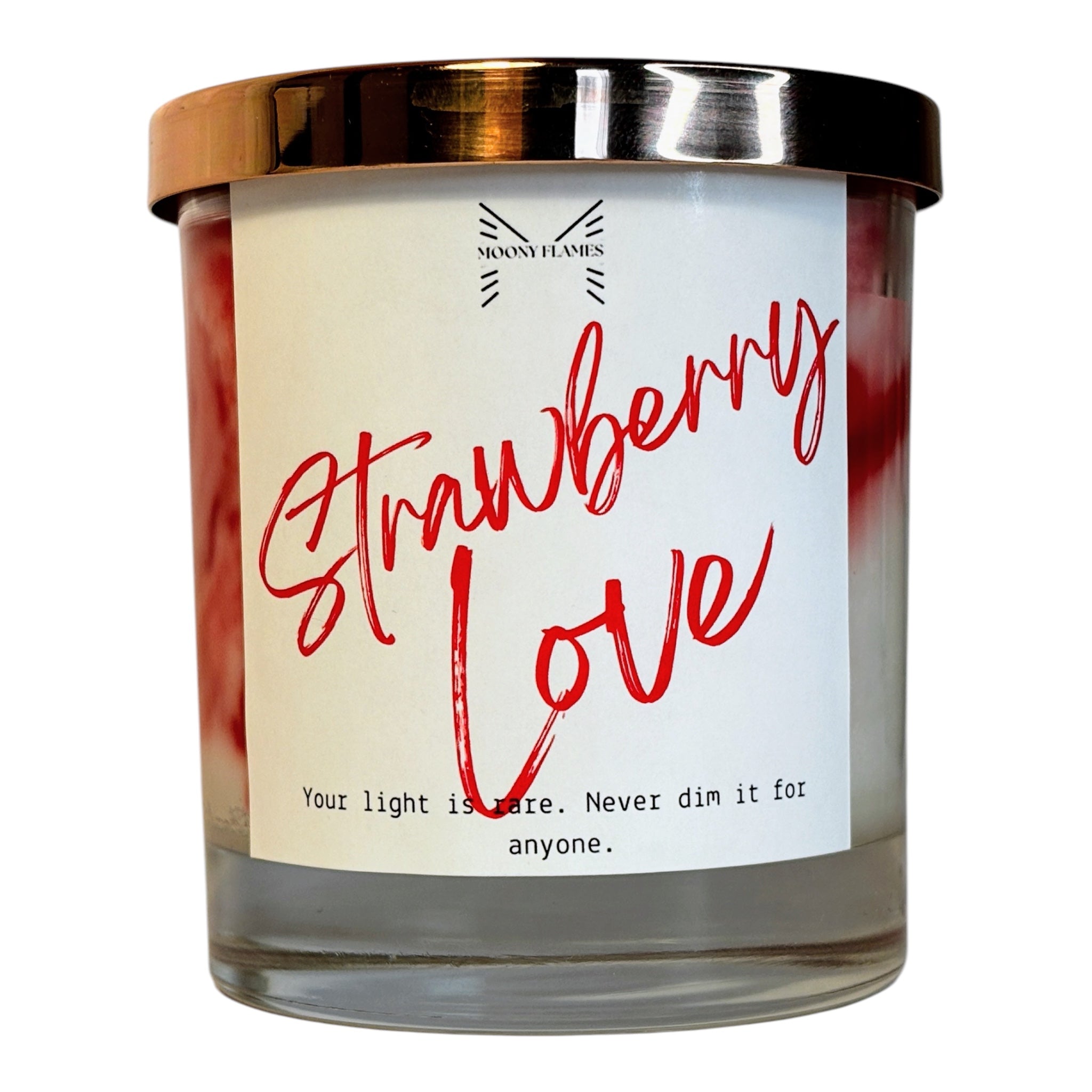 Strawberry Love handgjort doftljus, veganskt, marmorerat designljus med svenskt växtbaserat vax, miljövänligt och unikt doftljus från Moony Flames, framsida.