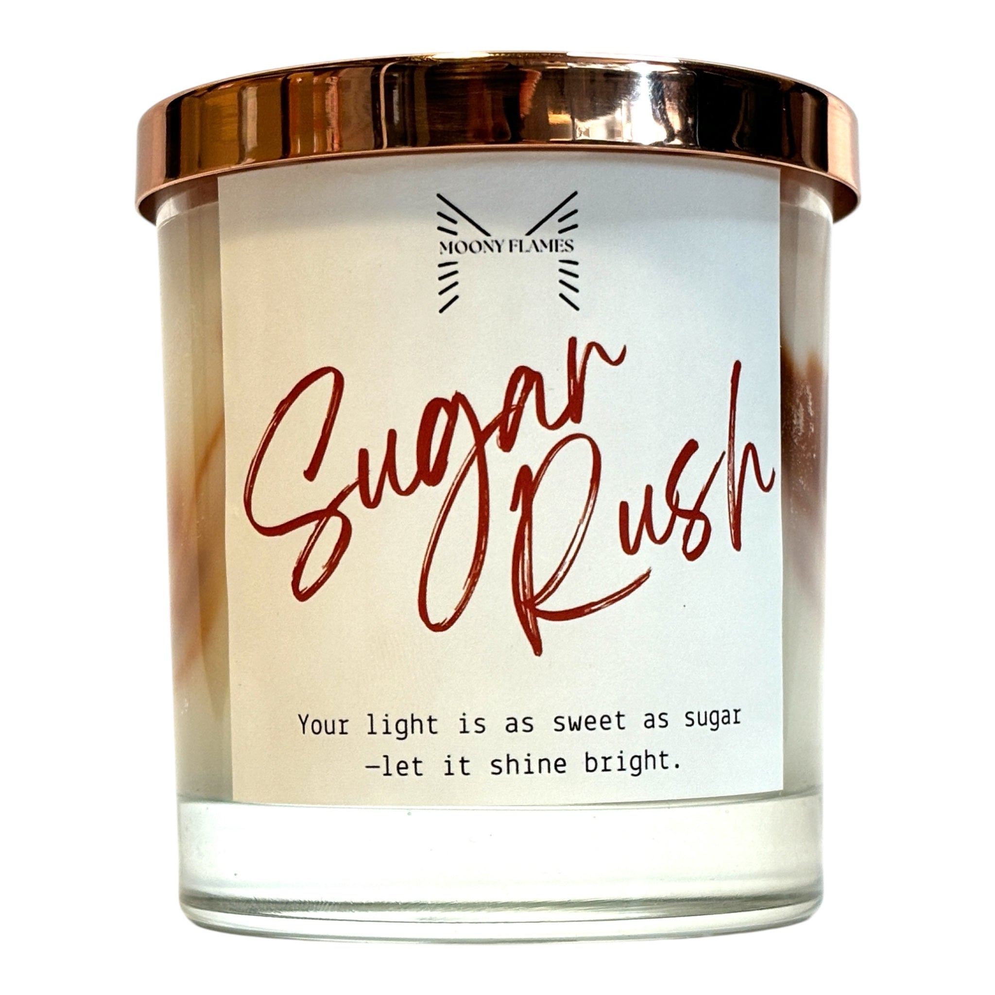 Sugar Rush handgjort doftljus med marmorerad design, veganskt och svenskt växtbaserat vax från Moony Flames, varm och kryddig doftupplevelse, framsida.