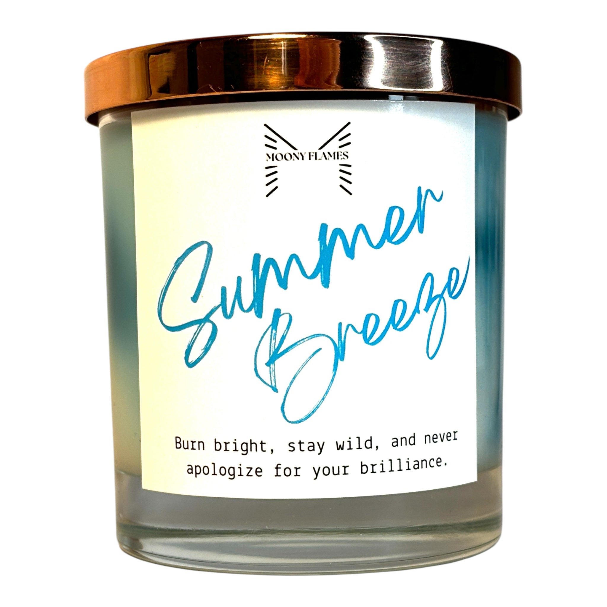 Summer Breeze handgjort doftljus med marmorerad design, veganskt och svenskt växtbaserat vax från Moony Flames, frisk och luftig doftupplevelse, framsida.