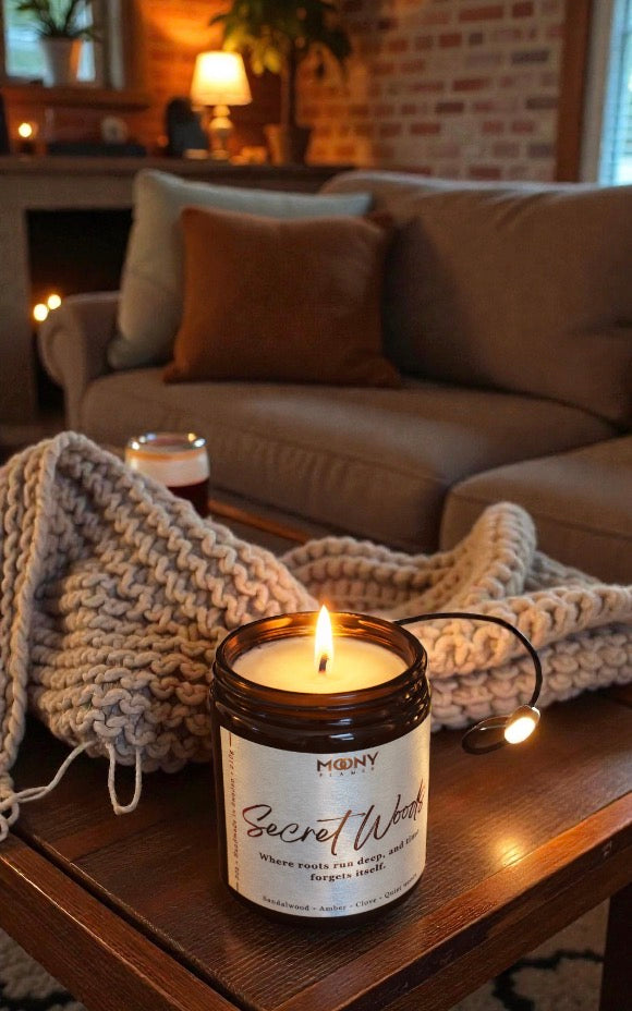 Tänt doftljus Secret Woods från Moony Flames placerat på träbord i varm hemmiljö, med stickad filt, soffhörna och mjuk belysning i bakgrunden.