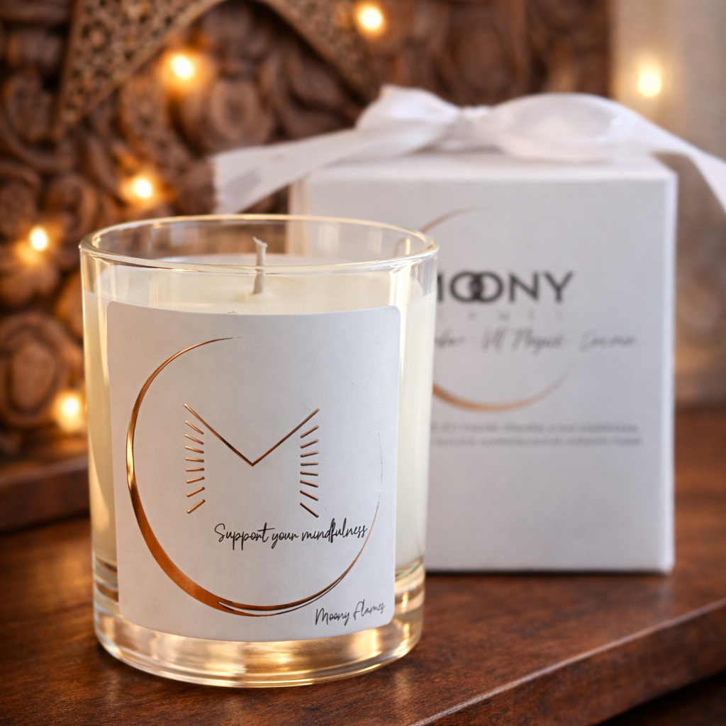 Handgjutet doftljus “Support Your Mindfulness” från Moony Flames i klart glas med skimrande etikett i kopparfolie, placerat på en träyta tillsammans med en vit presentask med sidenband i varm, stämningsfull miljö.