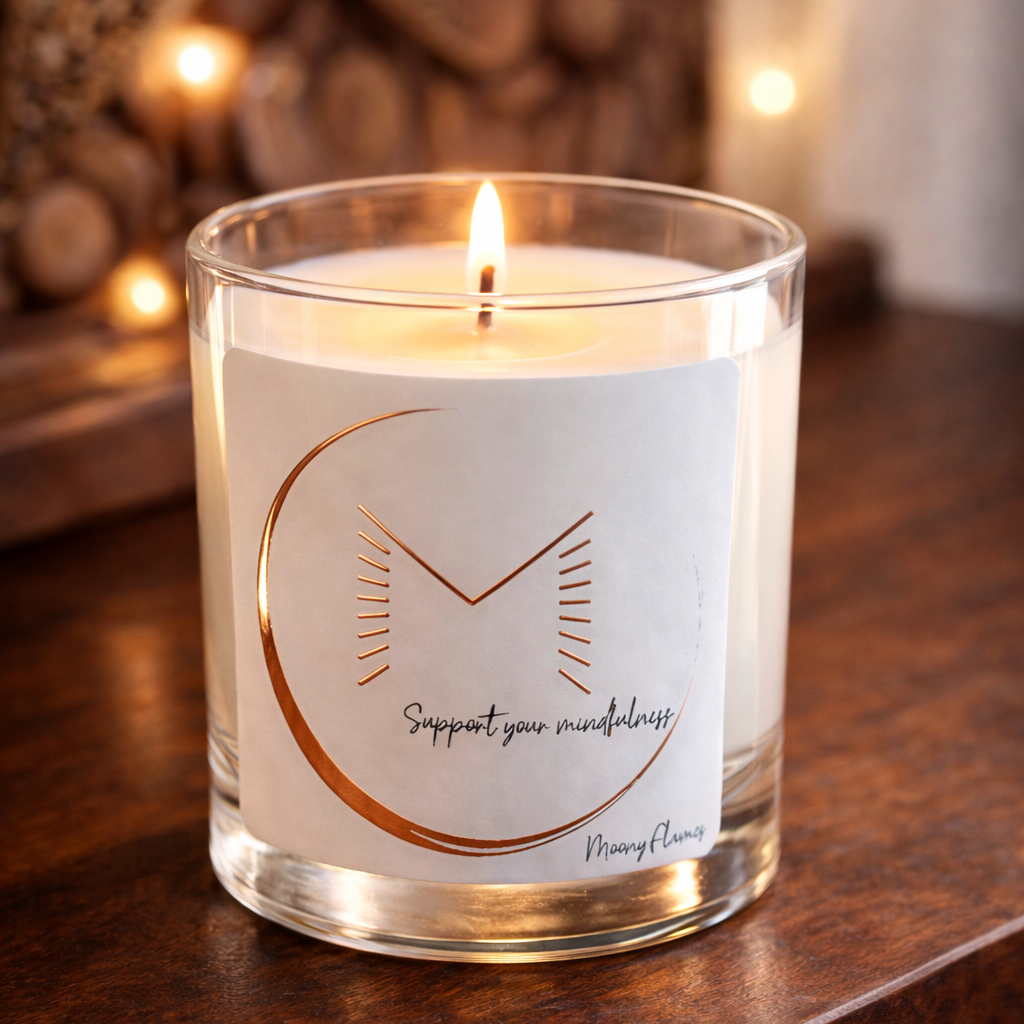 Tänd handgjuten doftljus “Support Your Mindfulness” från Moony Flames i klart glas med etikett i kopparfolie, placerad på en varm träyta i lugn, stämningsfull miljö.