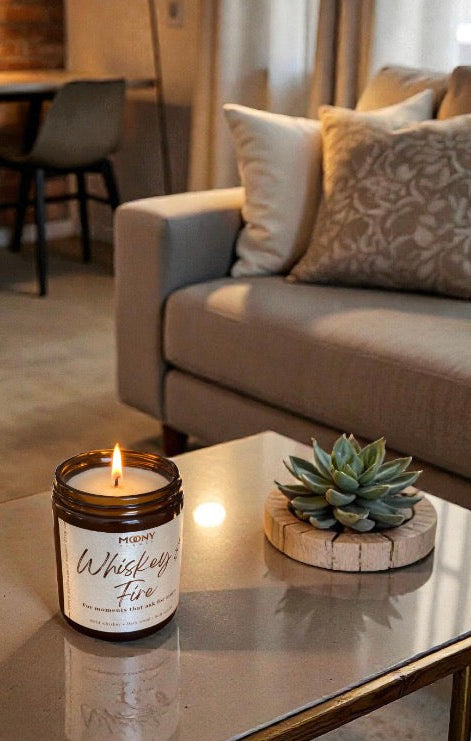 Tänt doftljus Whiskey & Fire från Moony Flames placerat på soffbord i modern vardagsrumsmiljö, med mjuk belysning, kuddar och varm, lugn atmosfär.