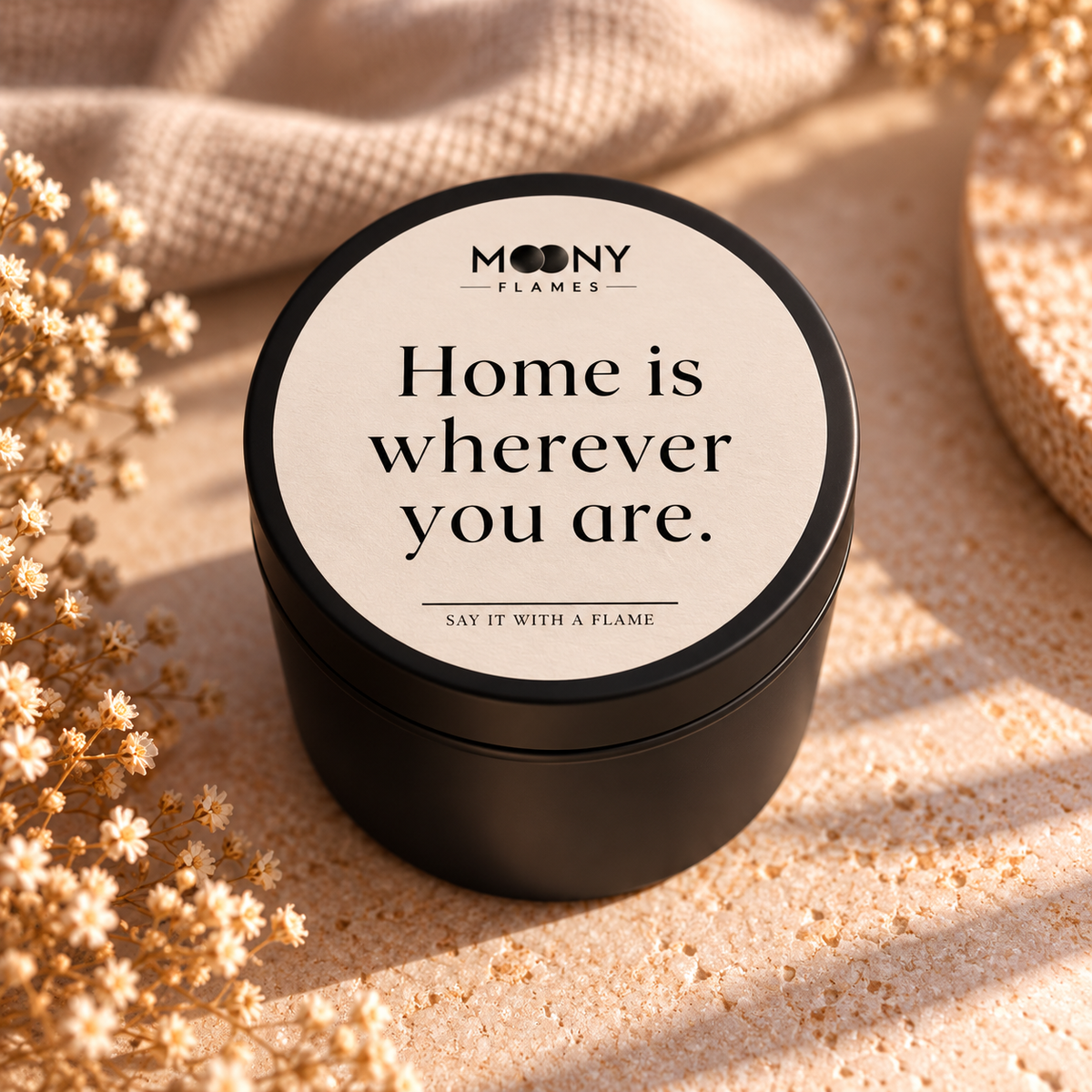 Svart personligt doftljus från Moony Flames med texten Home is wherever you are