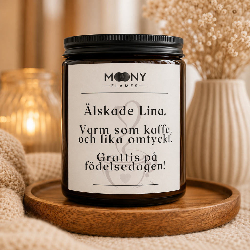 Personligt doftljus med egen text och personlig hälsning. Handgjord present till födelsedag, jubileum och speciella tillfällen från Moony Flames i Småland, Sverige.