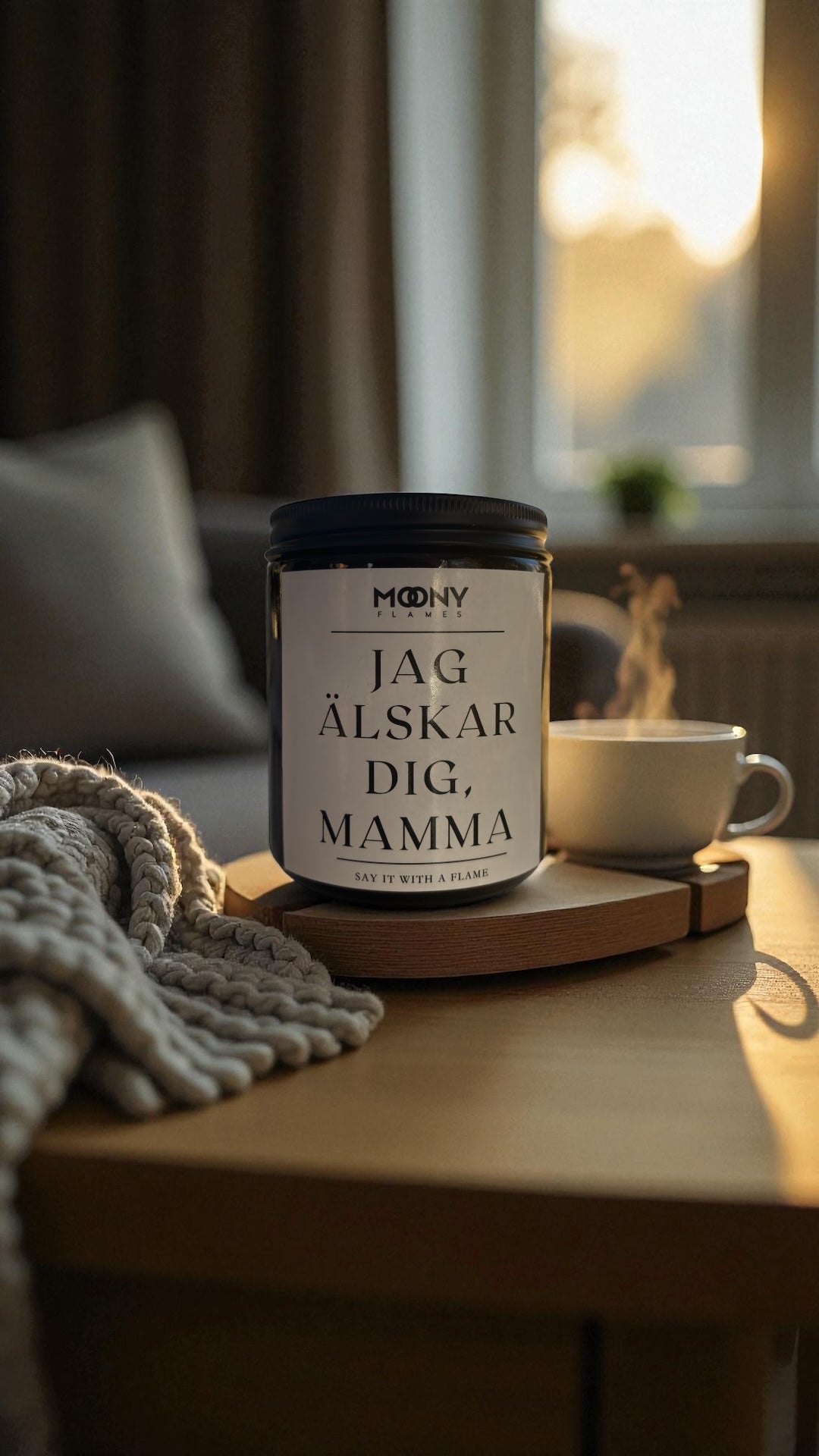 Personligt doftljus med texten ”Jag älskar dig, mamma” i svart glasburk, placerat på ett träbord i varm hemmiljö med kaffekopp och mjuk filt i bakgrunden.