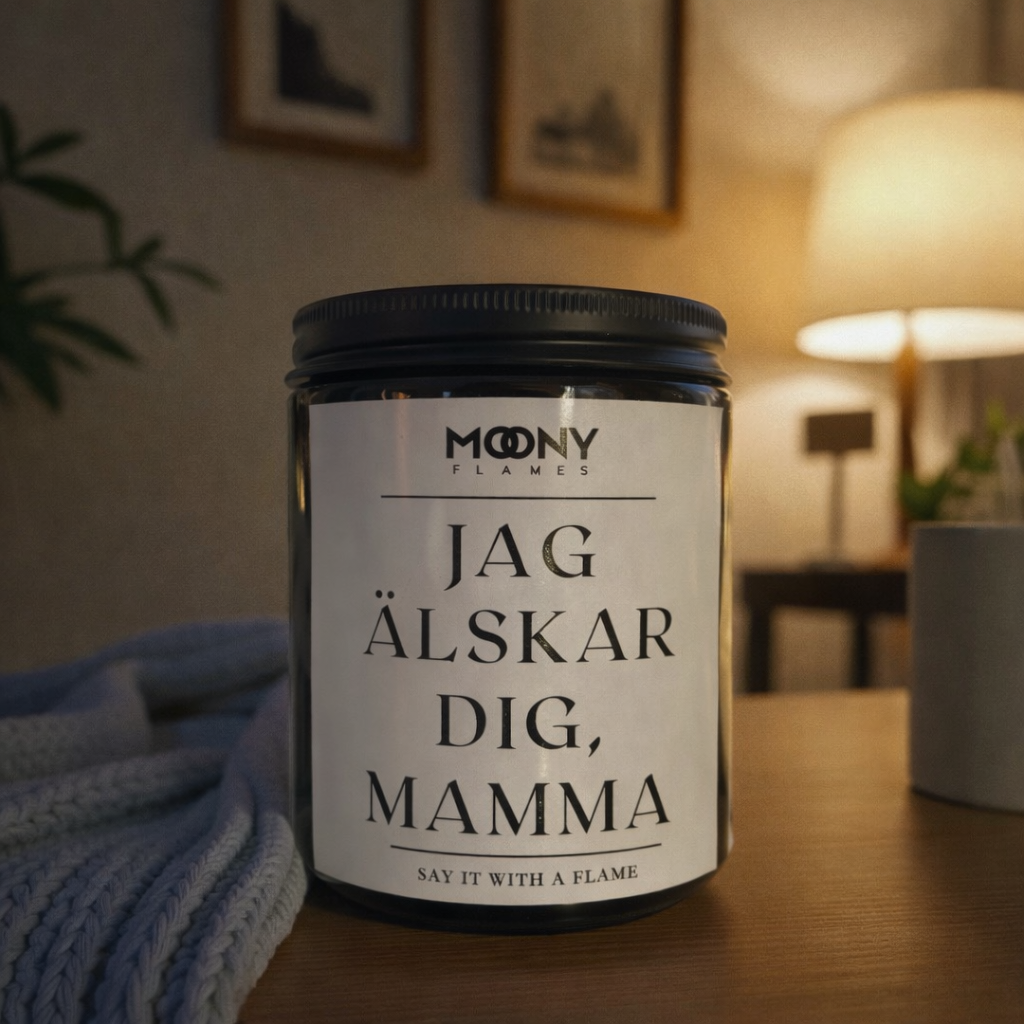 Handgjutet personligt doftljus från Moony Flames med texten ”Jag älskar dig, mamma”, placerat på bord i varm hemmiljö med mjuk belysning.