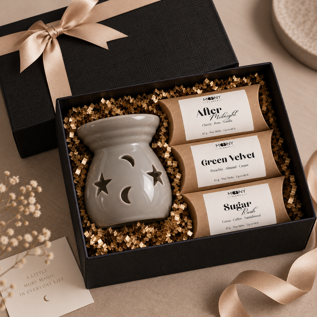 Presentset med grå keramisk aromalampa och tre handgjorda doftvax från Moony Flames i svart presentbox.
