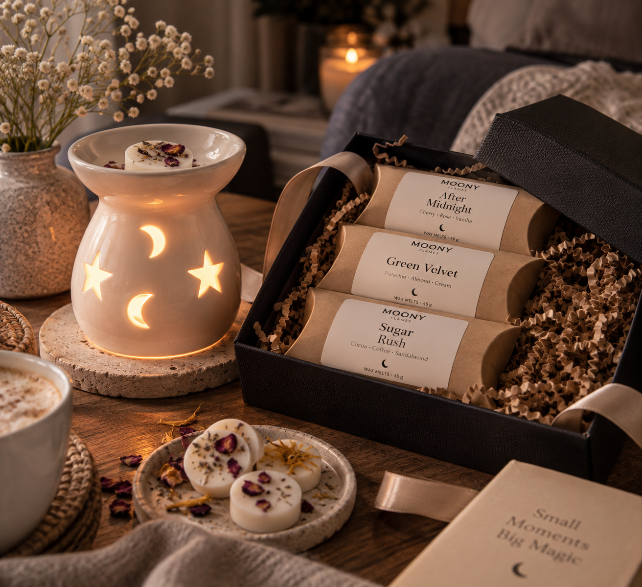 Presentset från Moony Flames med vit keramisk aromalampa och tre botaniska doftvax, handgjorda i Småland.