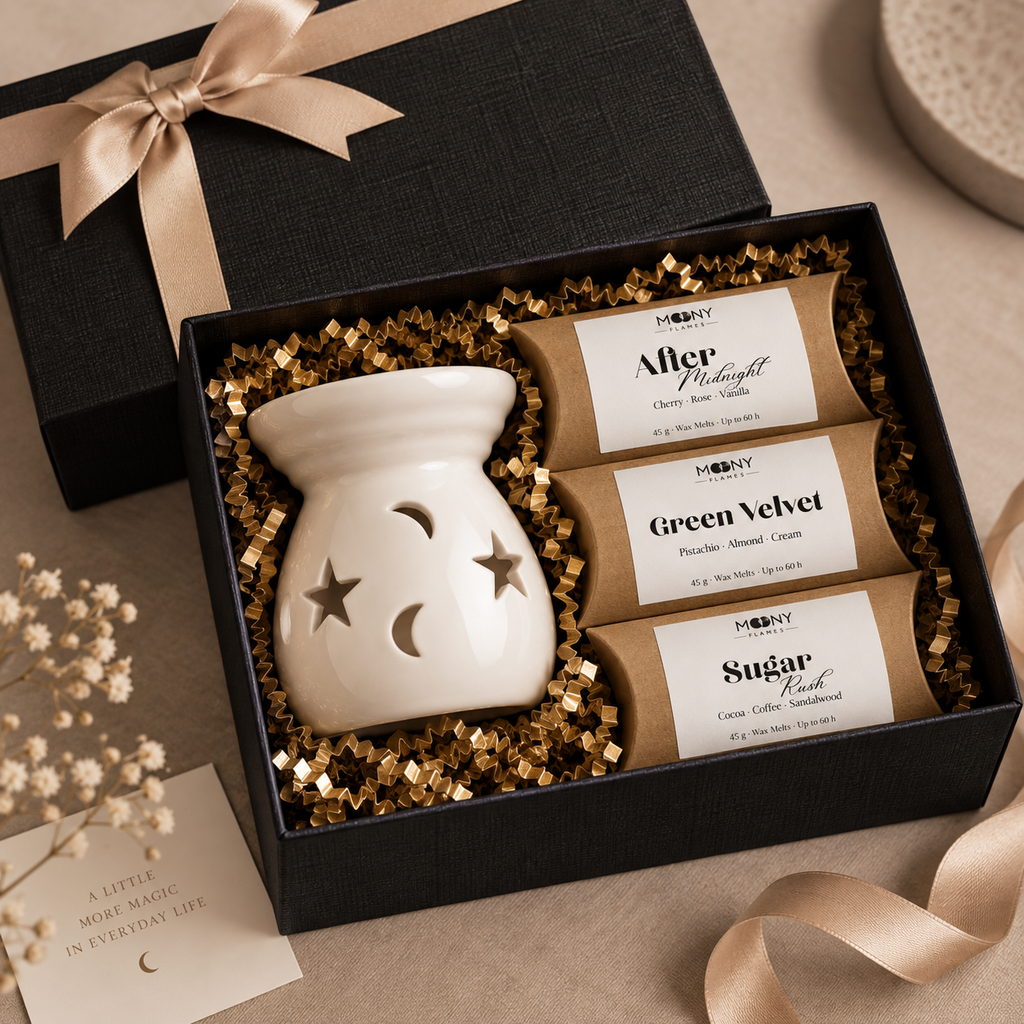 Presentset med vit keramisk aromalampa och tre handgjorda doftvax från Moony Flames i svart presentbox.