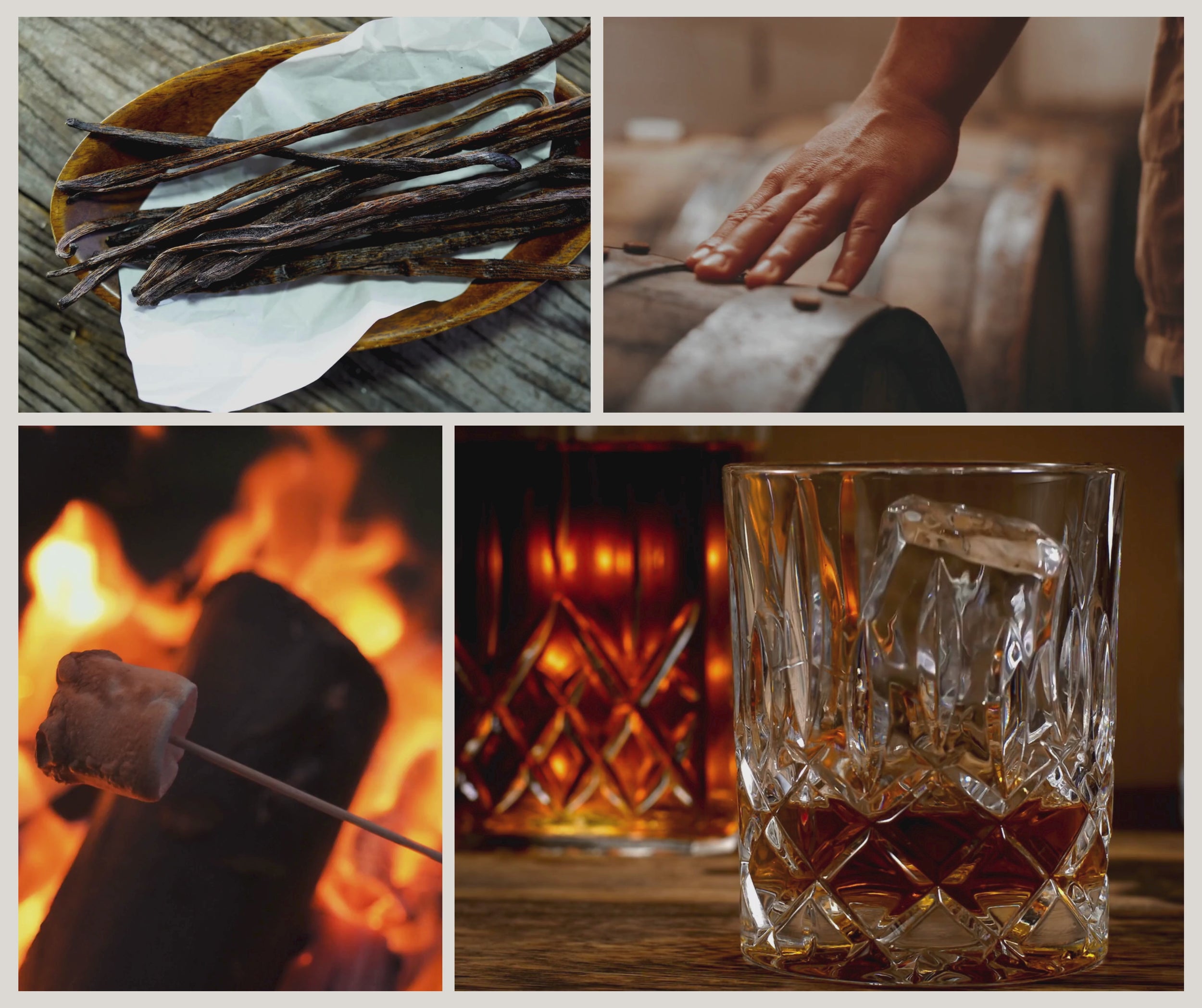 Videocollage som visar doftljuset Whiskey & Fire från Moony Flames med ekfat, vaniljstänger, sprakande eld och fyllig whiskey som inspirerat doftens varma, rökiga och sofistikerade karaktär.