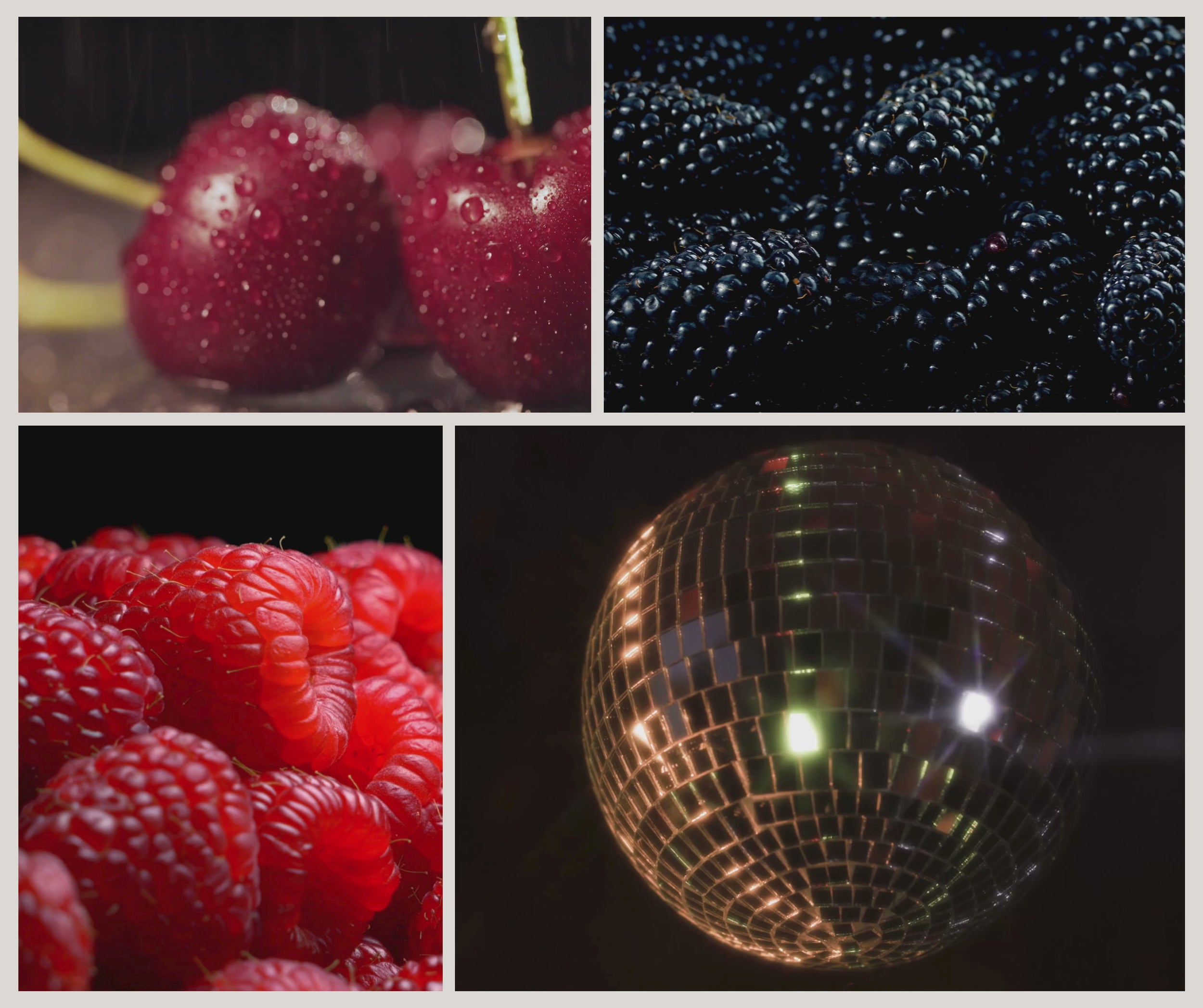Videocollage som visar doftljuset After Midnight från Moony Flames med saftiga körsbär, mogna björnbär, söta hallon och glittrande kvällsljus som inspirerat doftens fruktiga, djupa och förföriska karaktär.