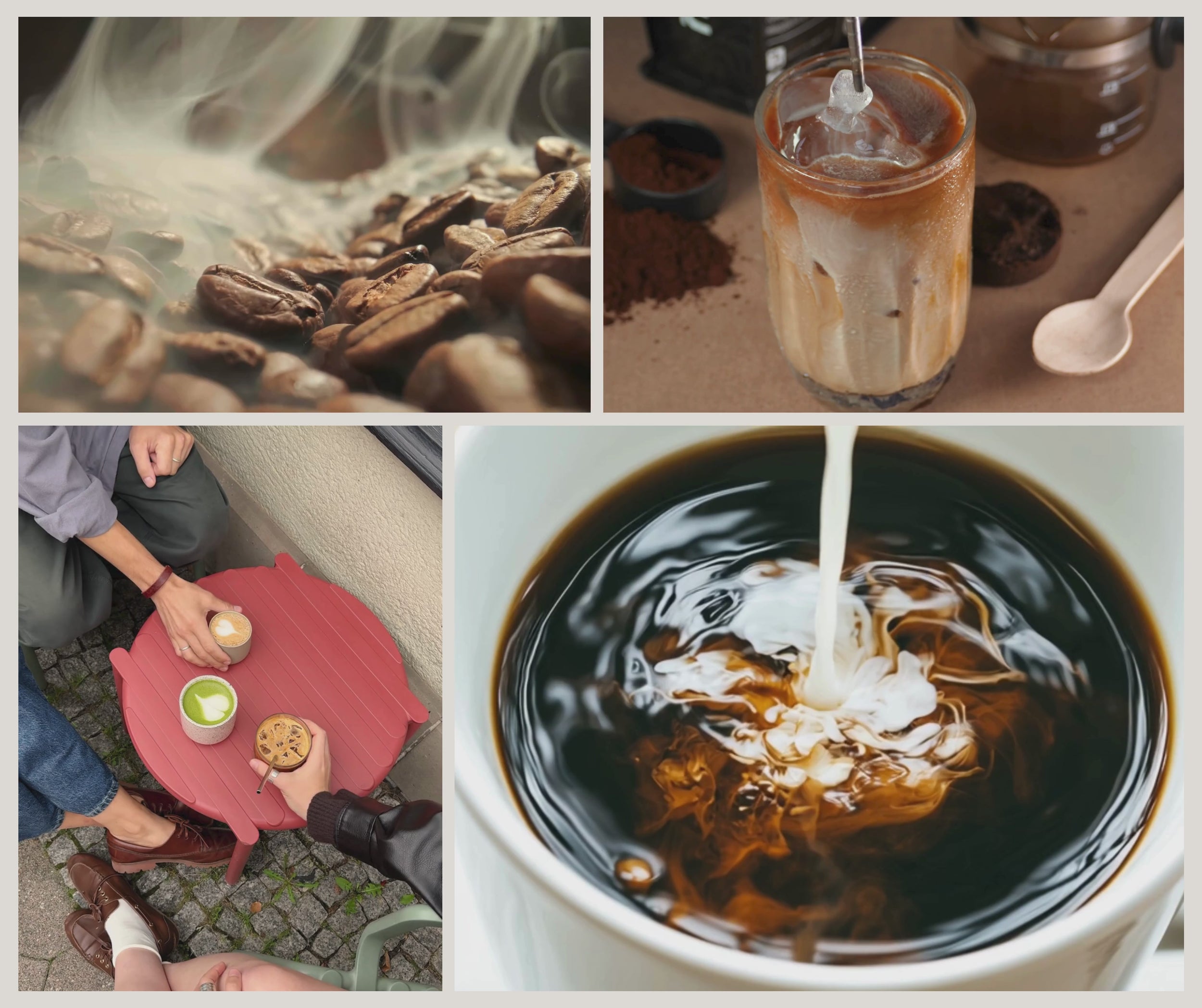 Videocollage som visar doftljuset Coffee O'Clock från Moony Flames med nybryggt kaffe, krämig latte, rostade kaffebönor och lugna kaffestunder som inspirerat doften.