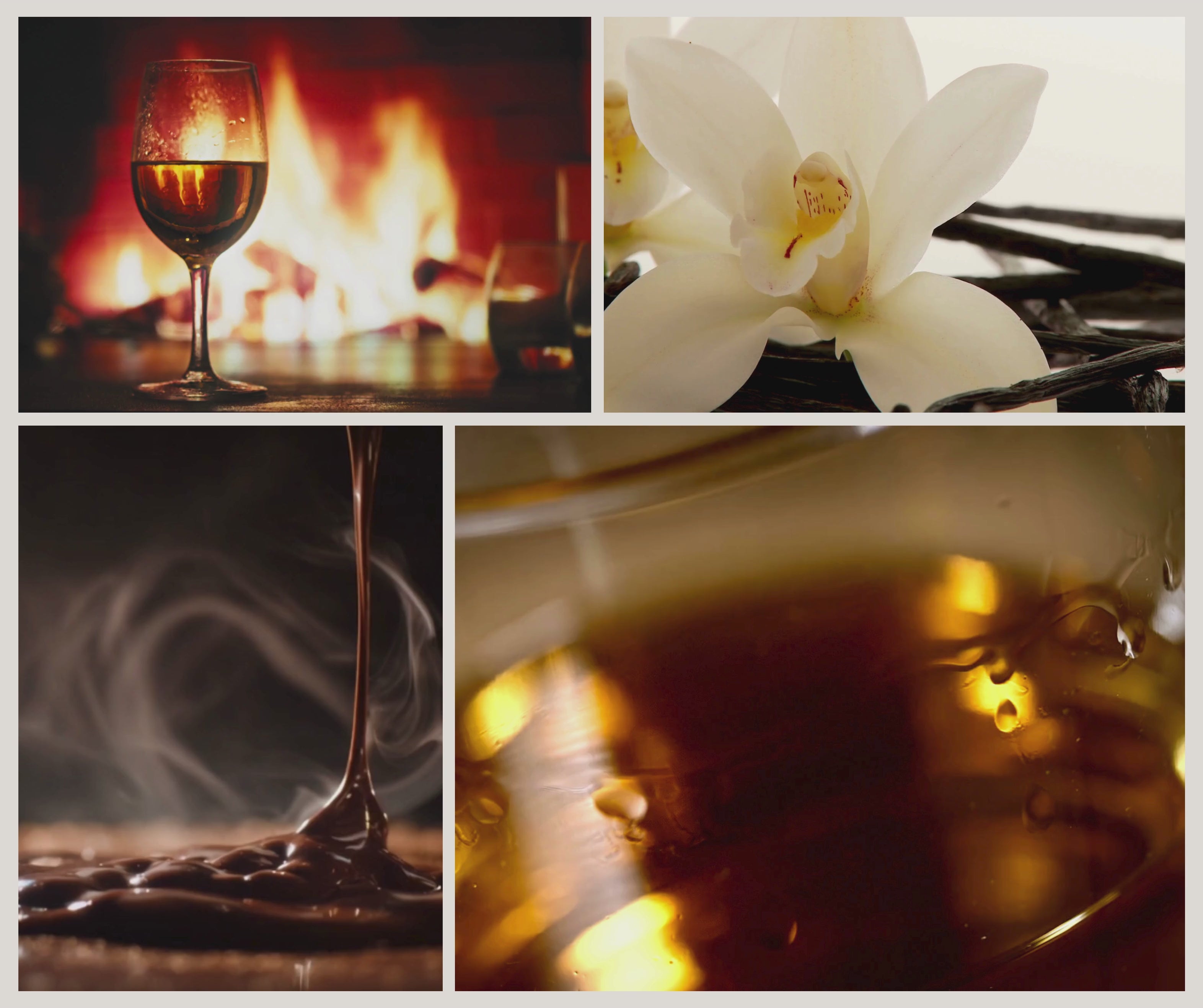 Doftnoter för Whiskey & Fire med whiskey, vanilj, choklad och amber. Ett varmt och omfamnande doftljus inspirerat av sprakande brasor och mörka kvällar
