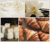 Kollage av videoklipp med croissanter, vanilj, mjölk och socker som illustrerar doftnoterna i doftljuset Croissant Love från Moony Flames.
