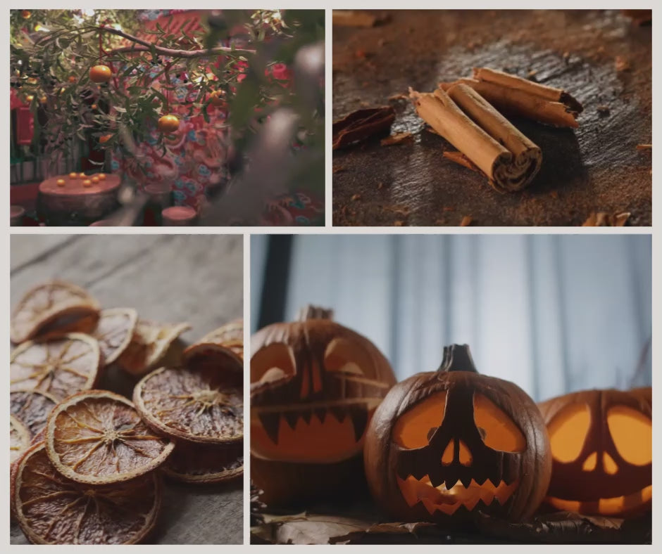 Video som visualiserar doften Pumpkin Glow från Moony Flames med citrusfrukter, kanel och torkade apelsinskivor, följt av lysande Halloweenpumpor som skapar en varm och mystisk höststämning.