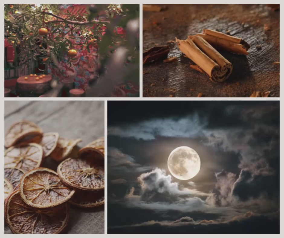Video som visualiserar doften Under the Moonlight från Moony Flames med citrus, kanel och en stämningsfull natthimmel i månsken.