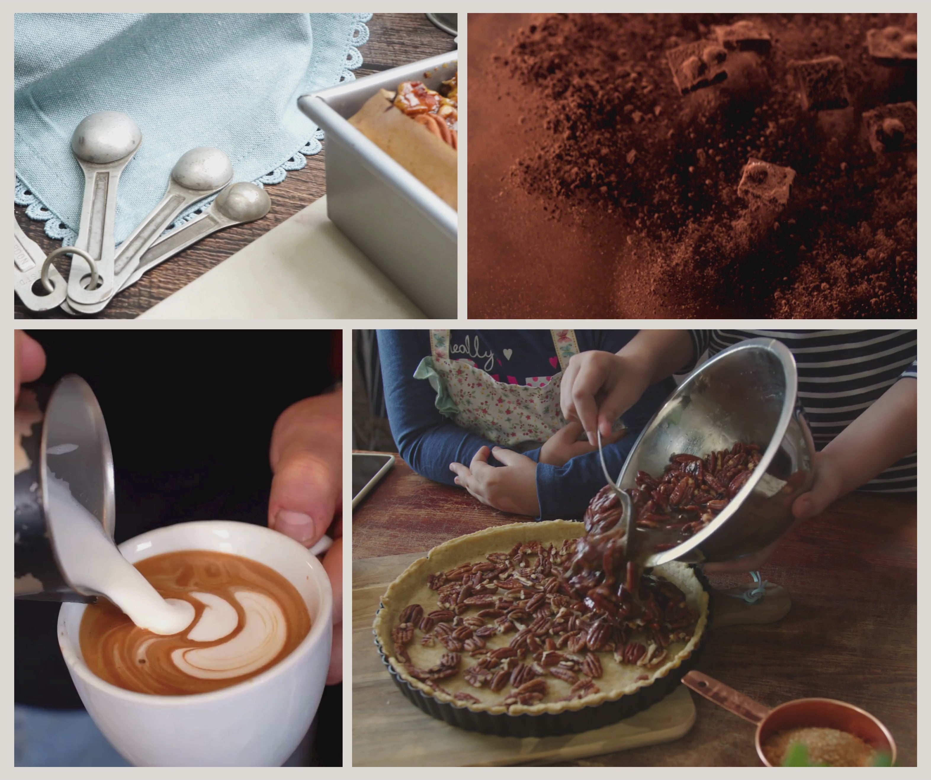 Videocollage som visar doftljuset Coffee O'Clock från Moony Flames med nybryggt kaffe, krämig latte, rostade kaffebönor och lugna kaffestunder som inspirerat doften.