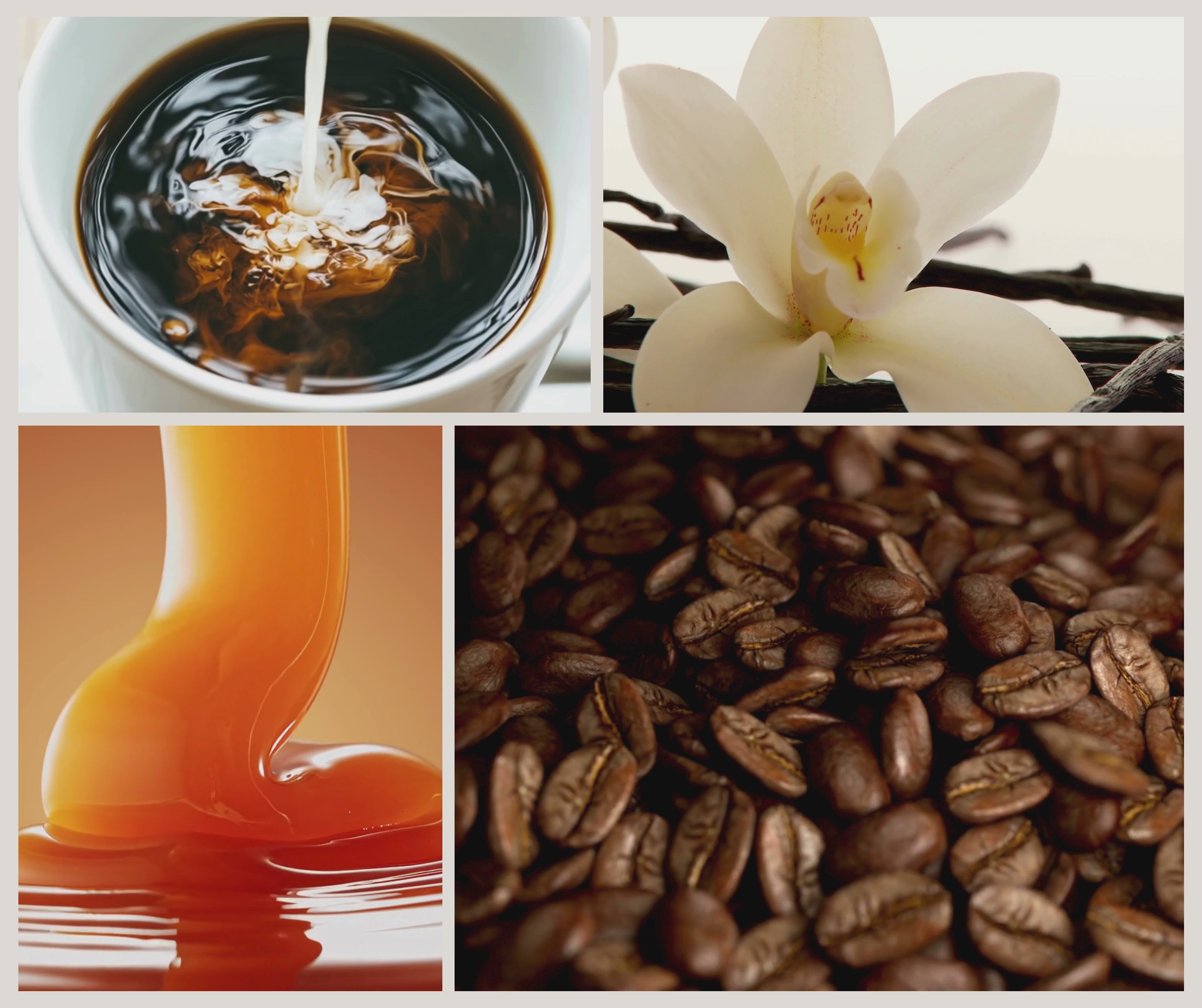 Kollage av videoklipp med kaffe, kokos, karamell, vanilj och krämiga kaffetoner som illustrerar doftnoterna i doftljuset Coffee O’Clock från Moony Flames.