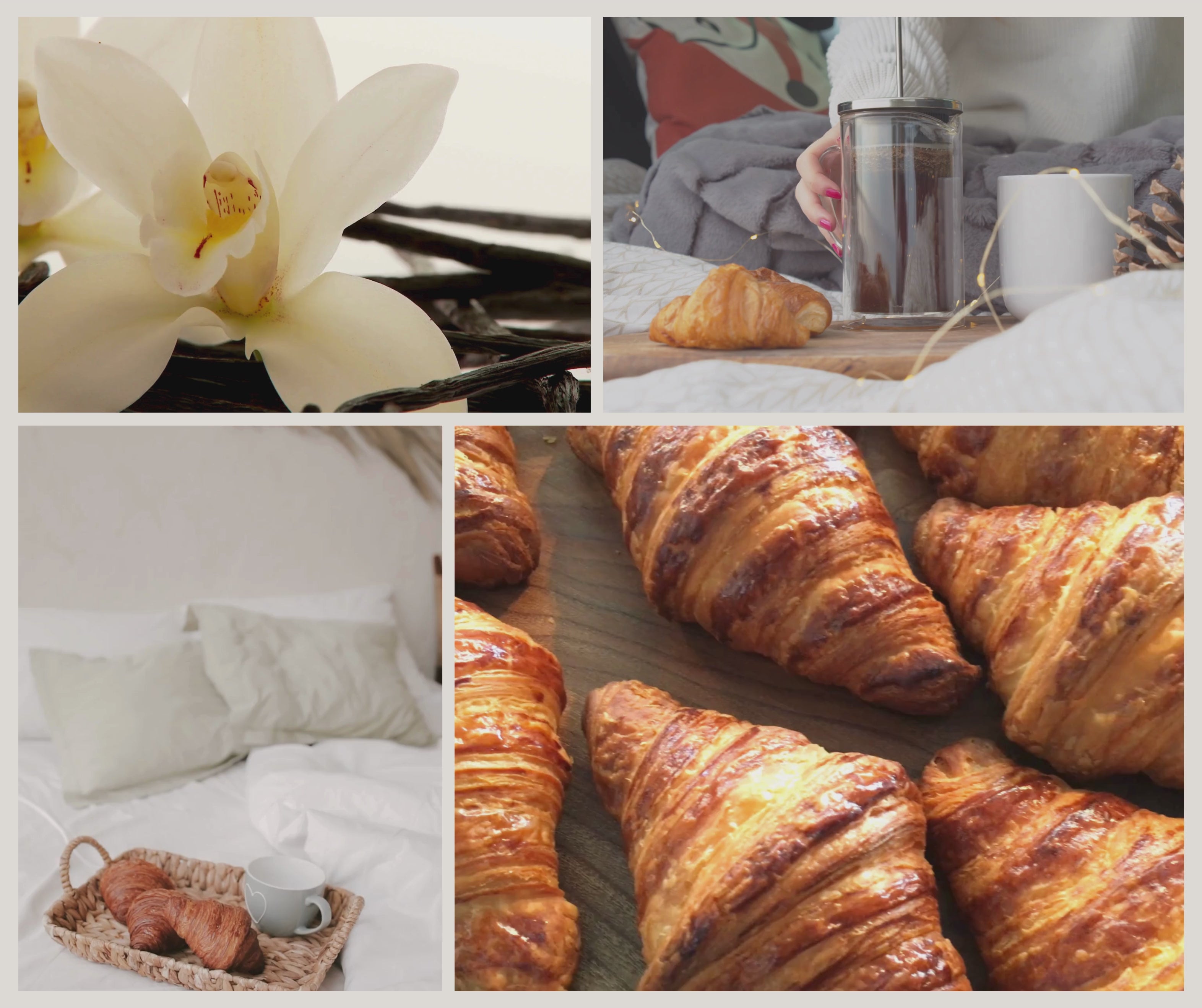 Videocollage som visar doftljuset Croissant Love från Moony Flames med vaniljorkidé, nybakade croissanter, kaffe och mysiga morgonstunder som inspirerat doften.