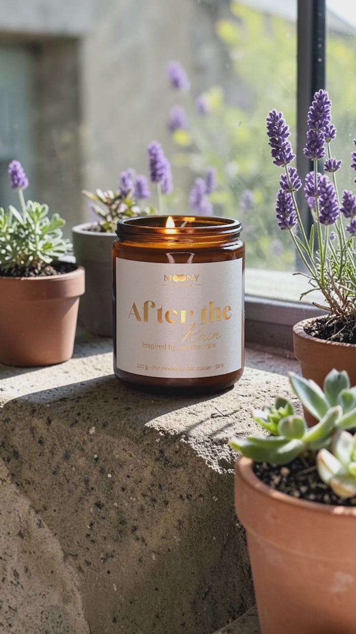 Handgjort doftljus After the Rain i brun glasburk på fönsterbräda med sommarregn utanför, omgivet av lavendel och gröna växter – mjuk, stillsam atmosfär.