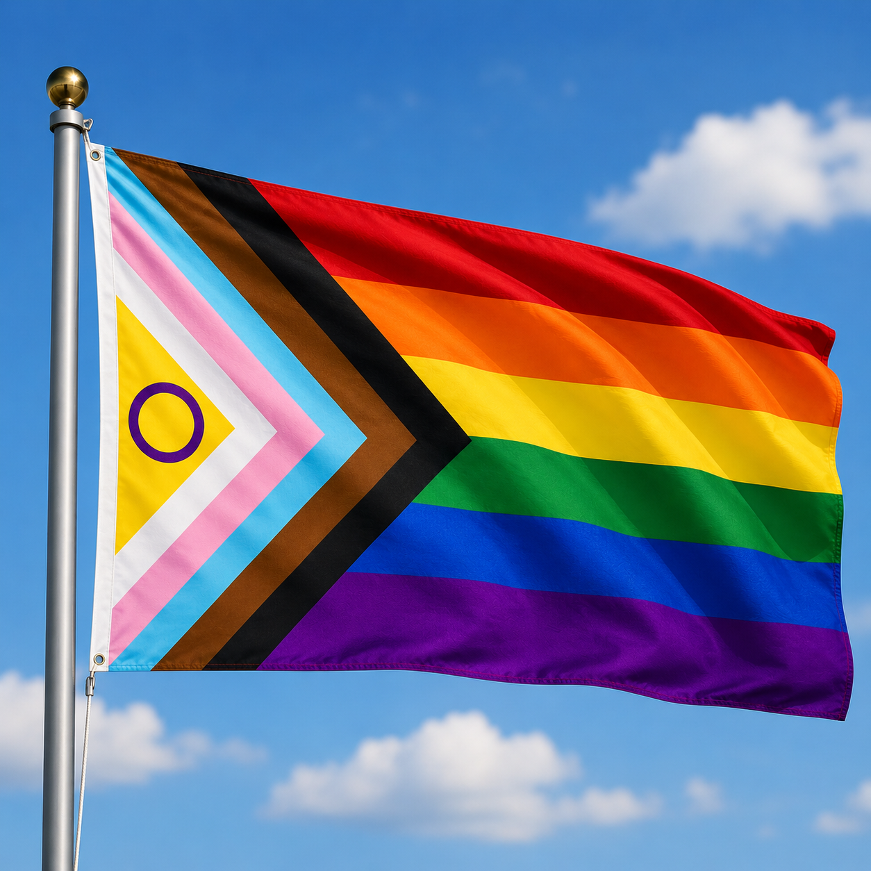 Progress Pride-flagga med regnbågsfärger som representerar HBTQIA+, mångfald, inkludering och lika rättigheter för alla människor. 🌈✨