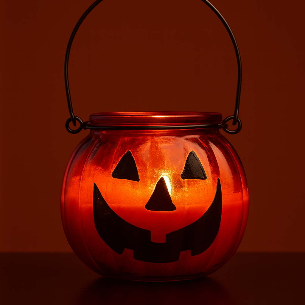 Tänt Pumpkin Glow Halloween-doftljus i orange pumpaformad glaslykta med svart ansikte och handtag. Det varma ljusskenet skapar en mystisk höststämning.