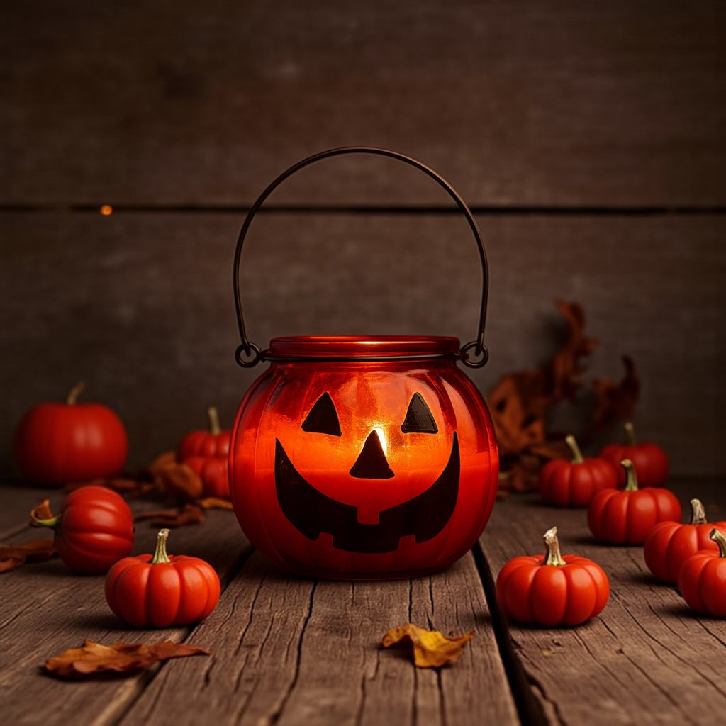 Lysande Pumpkin Glow Halloween-doftljus i orange pumpalykta av glas, omgiven av små pumpor och höstlöv på ett rustikt träbord.