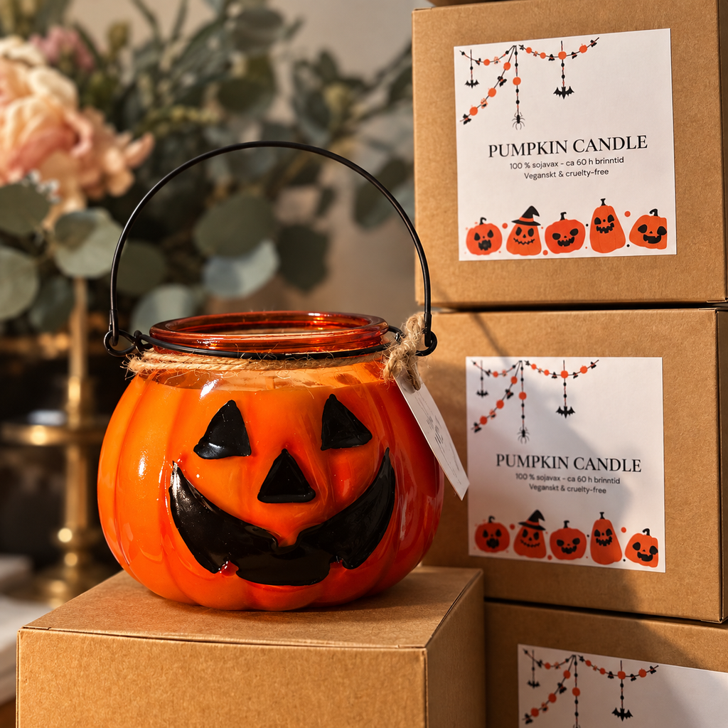 Alt-text:
Pumpkin Glow Halloween-doftljus i orange pumpalykta av glas med svart handtag, omgivet av presentförpackningar med pumpamotiv.