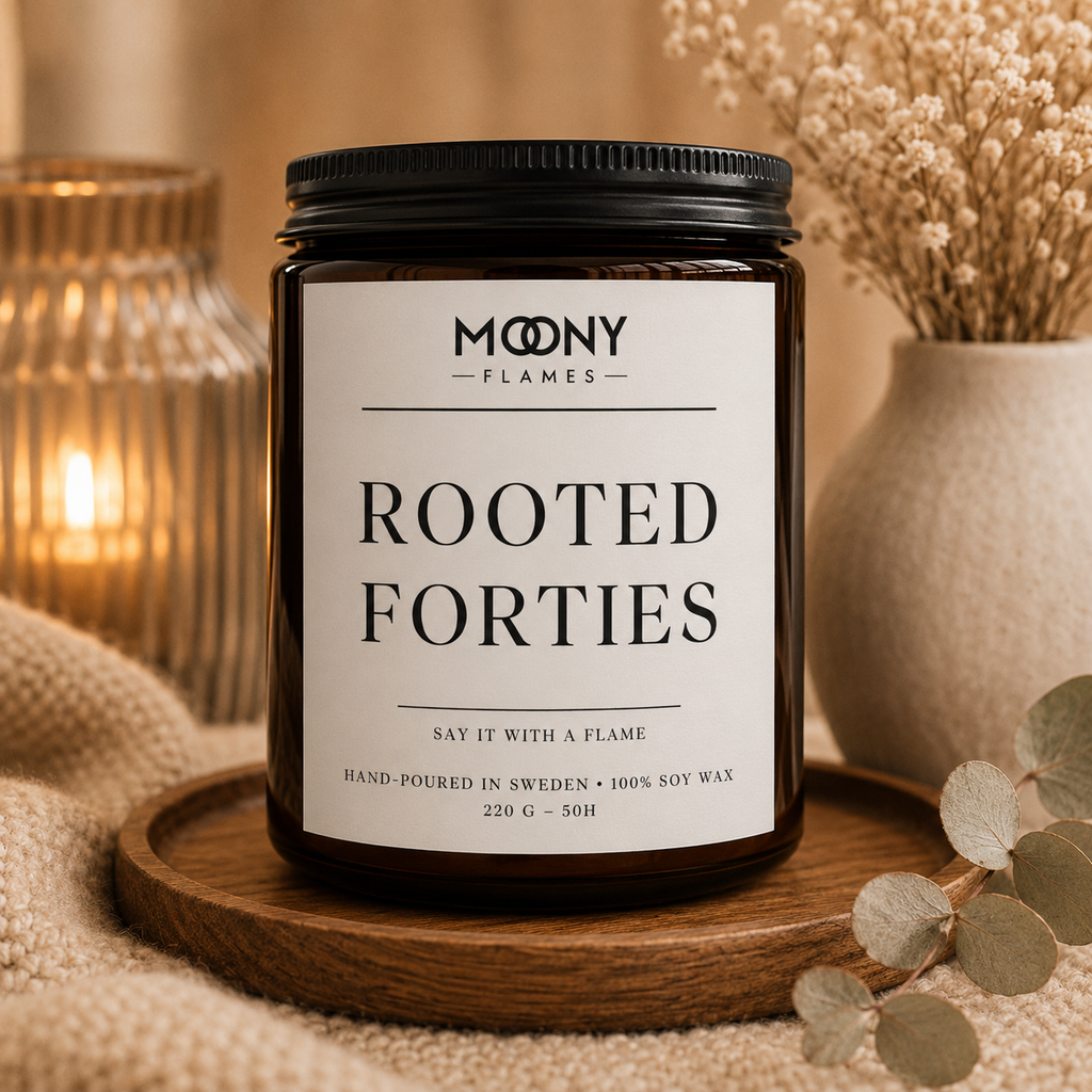 Rooted Forties personalised scented candle. Handmade soy candle from Moony Flames in Småland, Sweden. Unique 40th birthday gift for women celebrating confidence, growth and new beginnings.